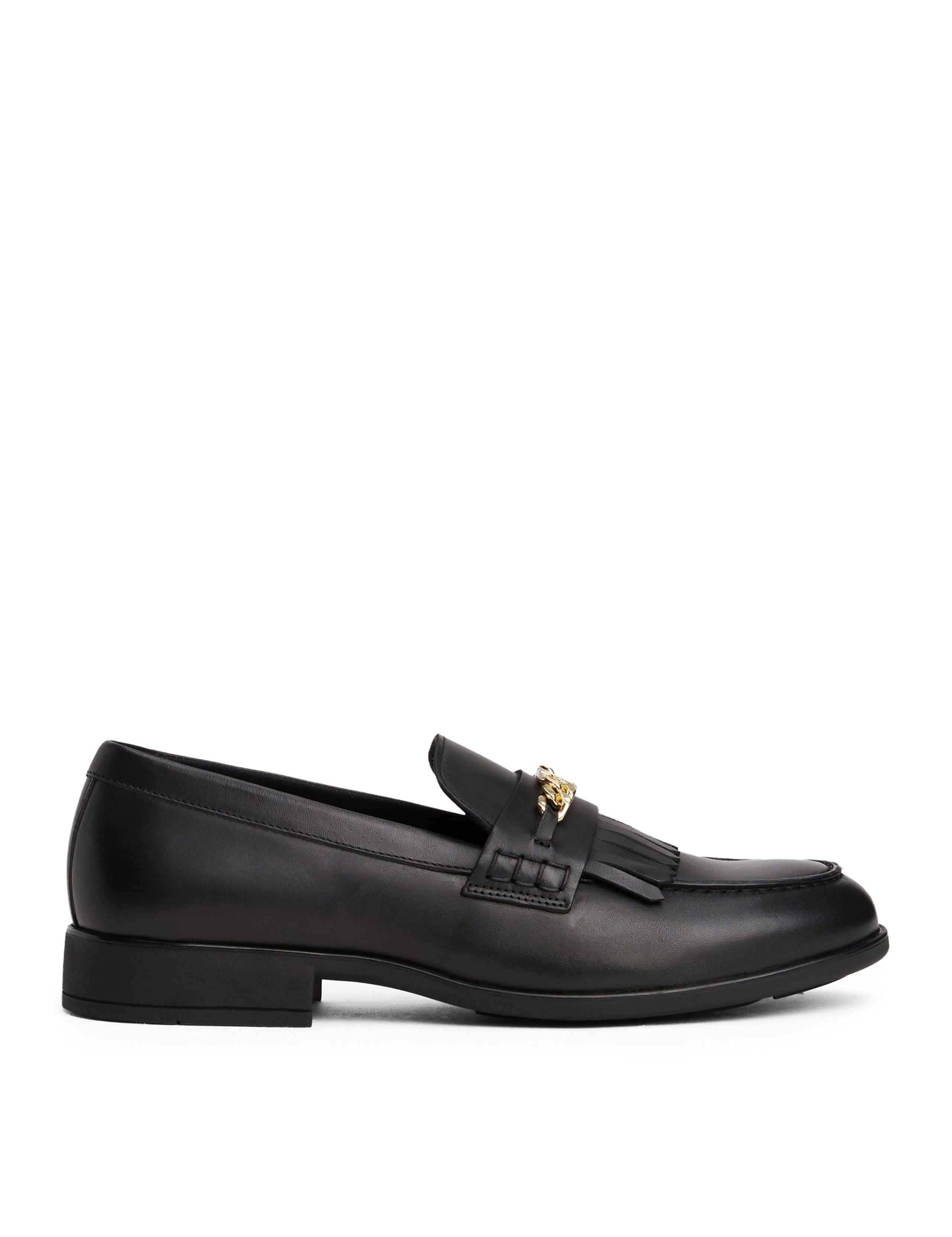 Leather Chain Detail Fringe Flat Loafers