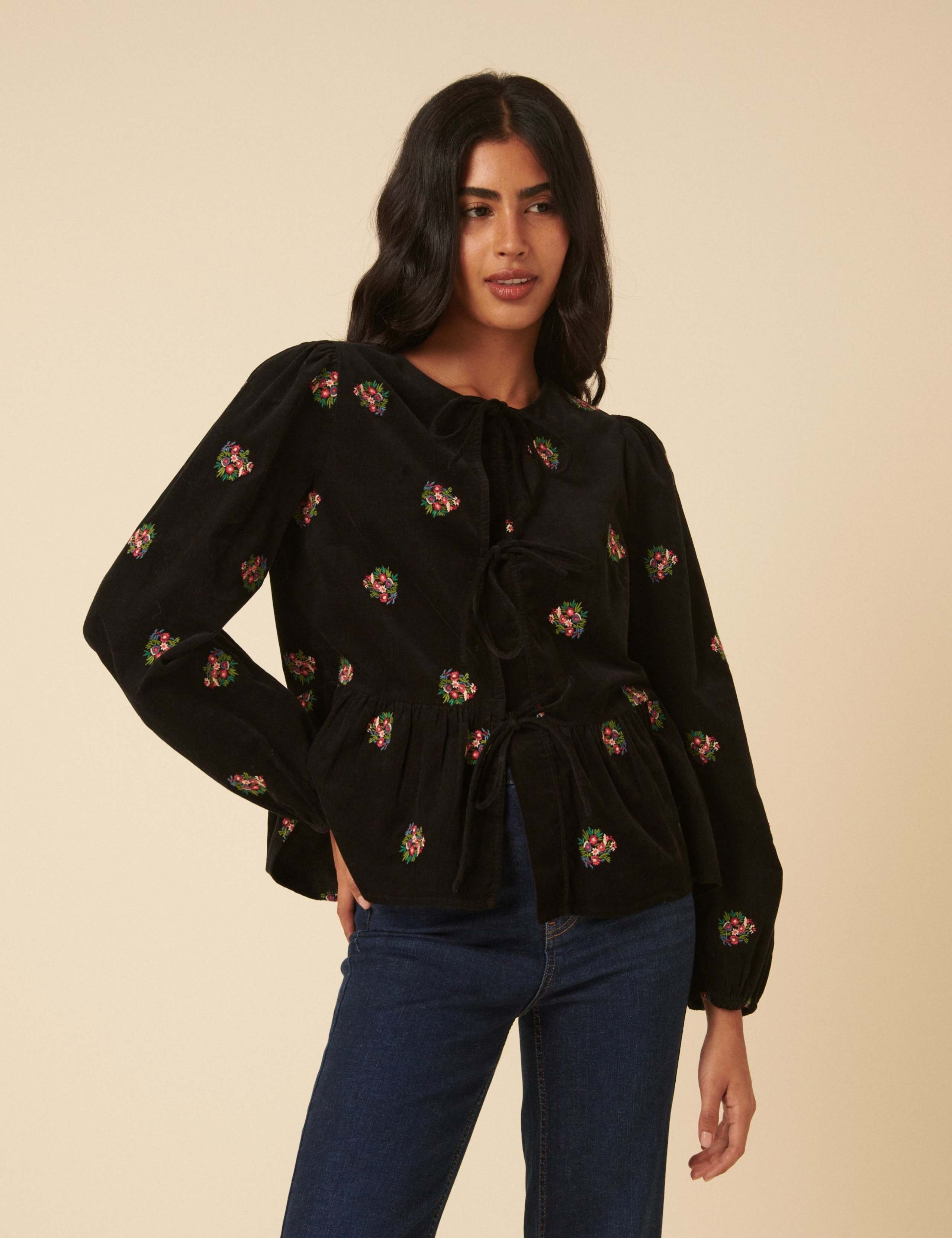 Pure Cotton Embroidered Tie Detail Blouse