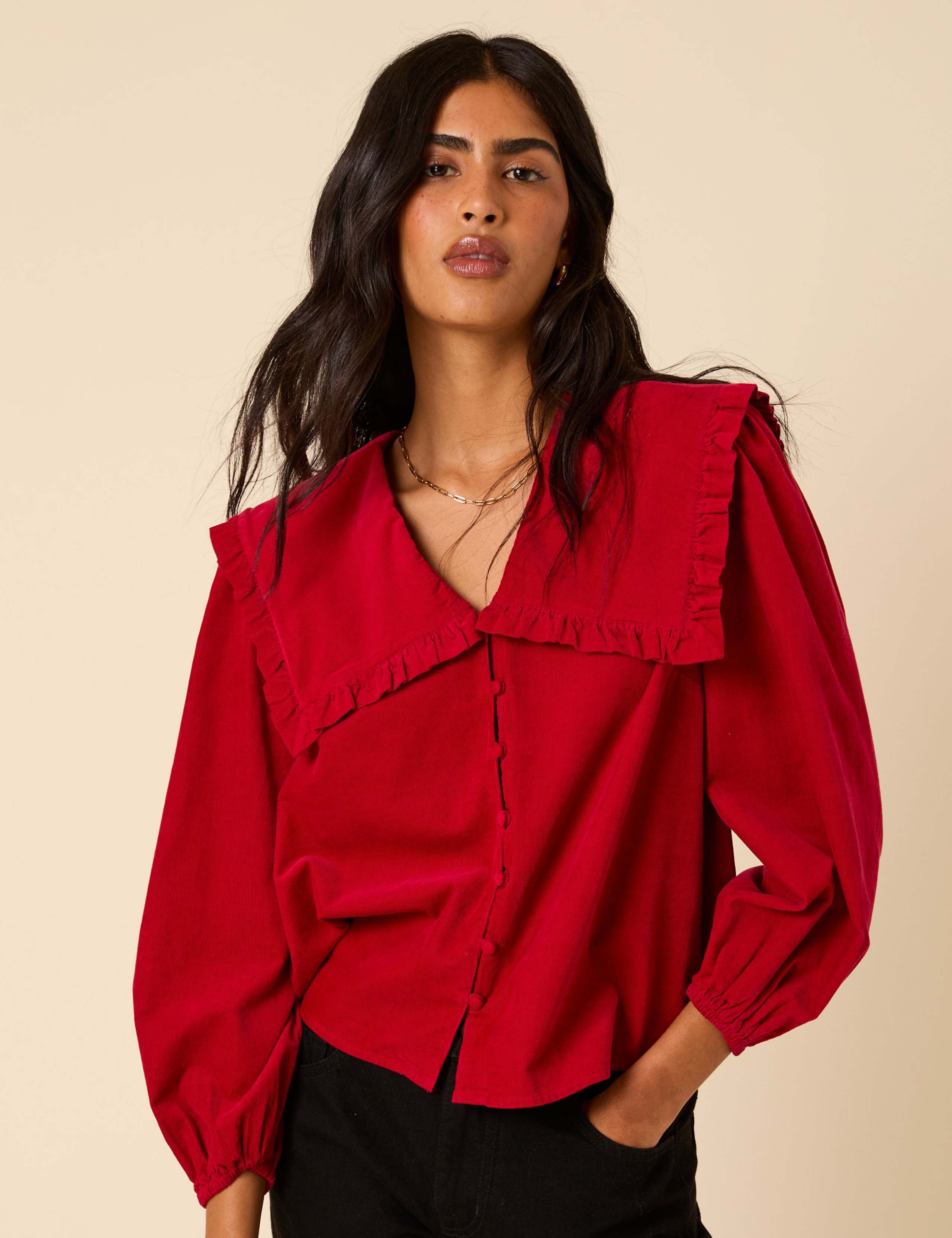 Pure Cotton Cord Embroidered Collared Blouse