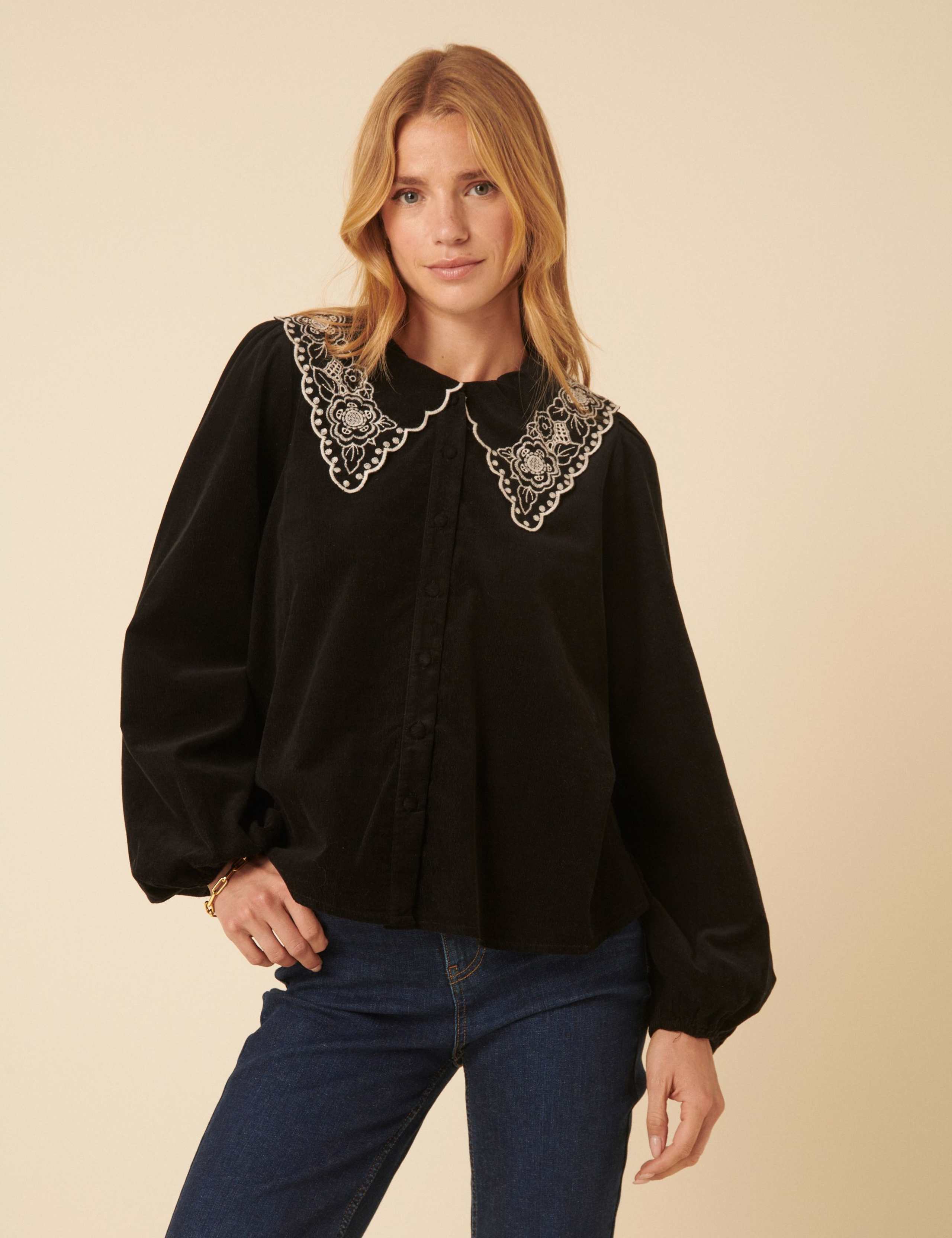 Pure Cotton Broderie Detail Collared Blouse