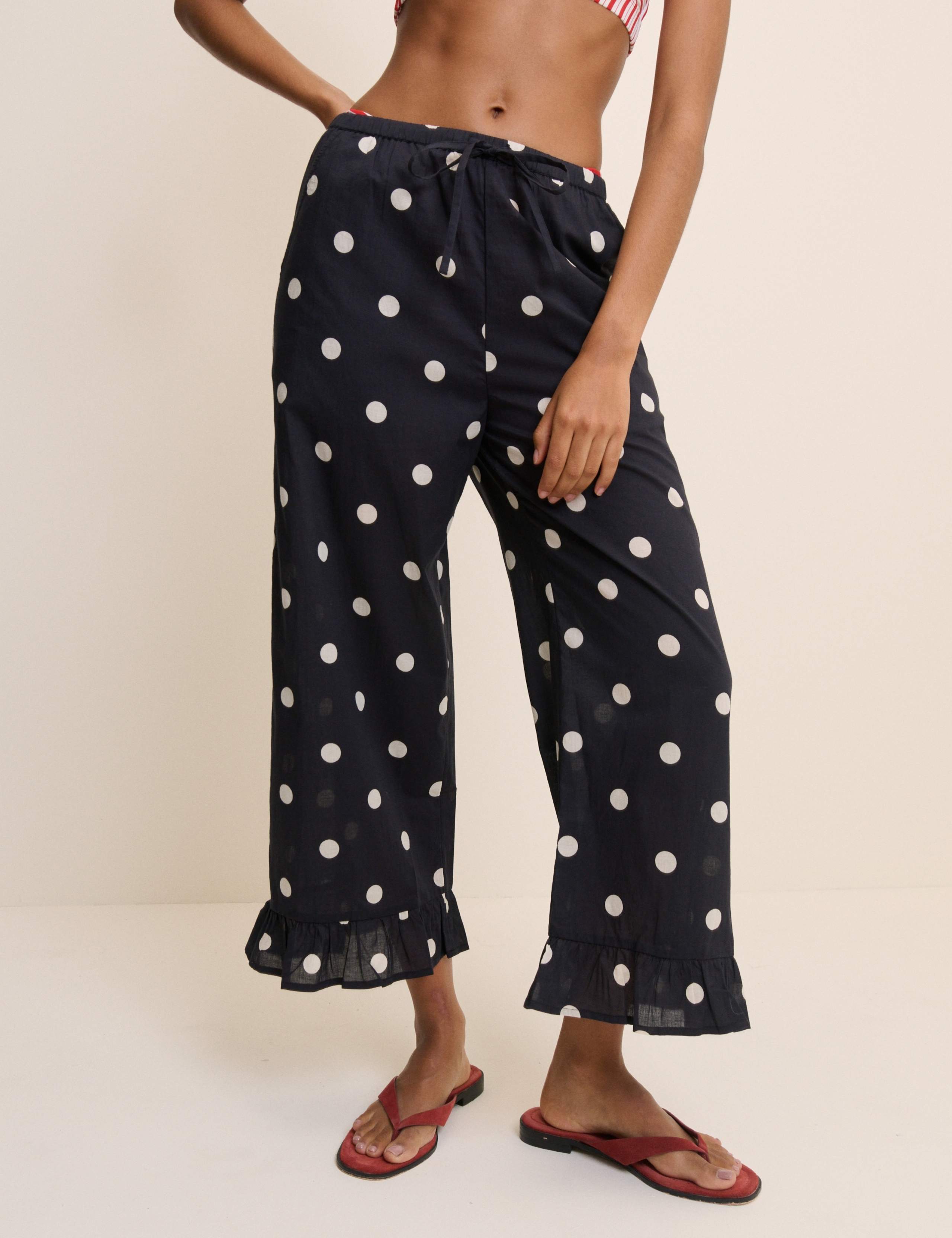 Pure Cotton Polka Dot Frill Beach Trousers