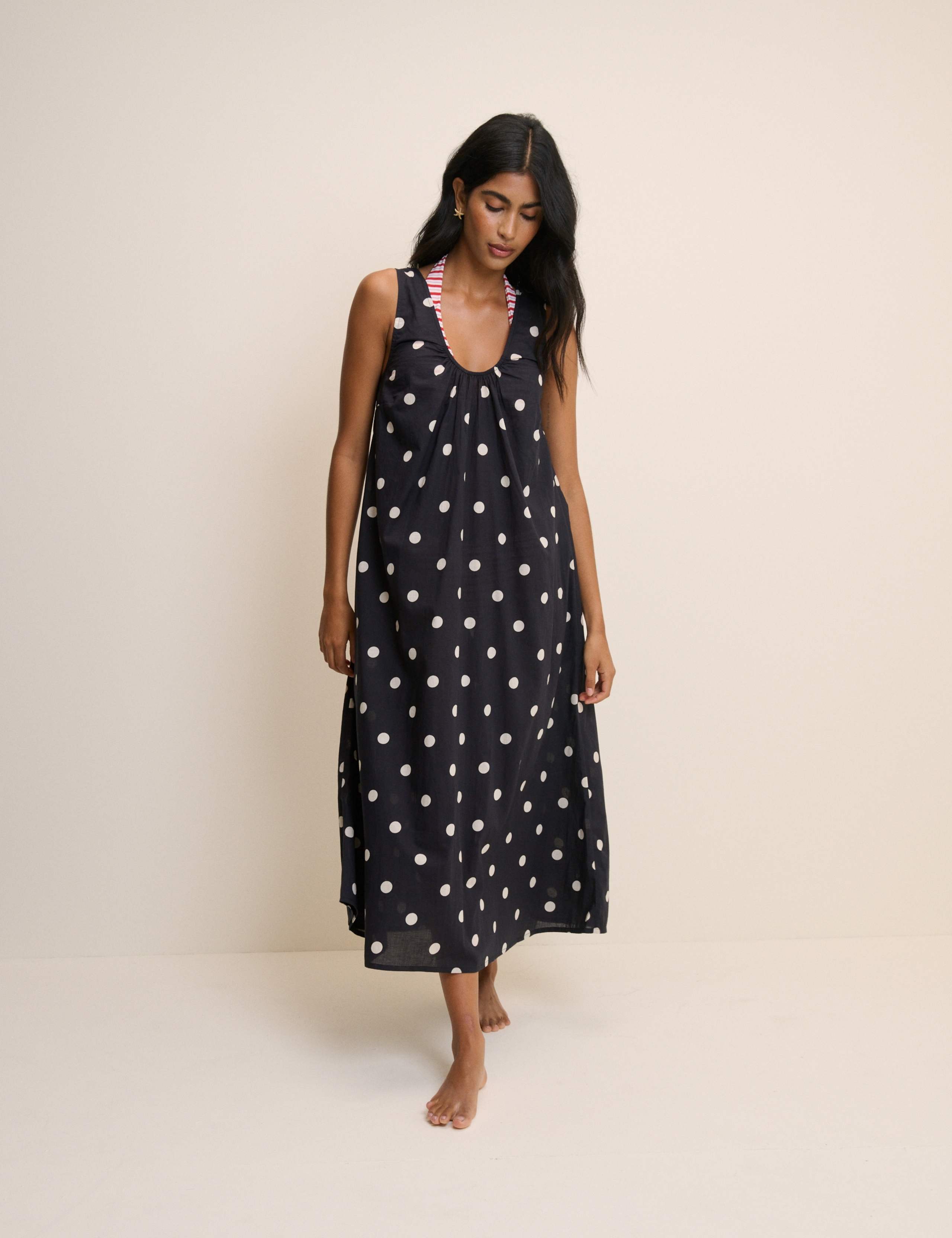 Pure Cotton Polka Dot Scoop Neck Midi Dress