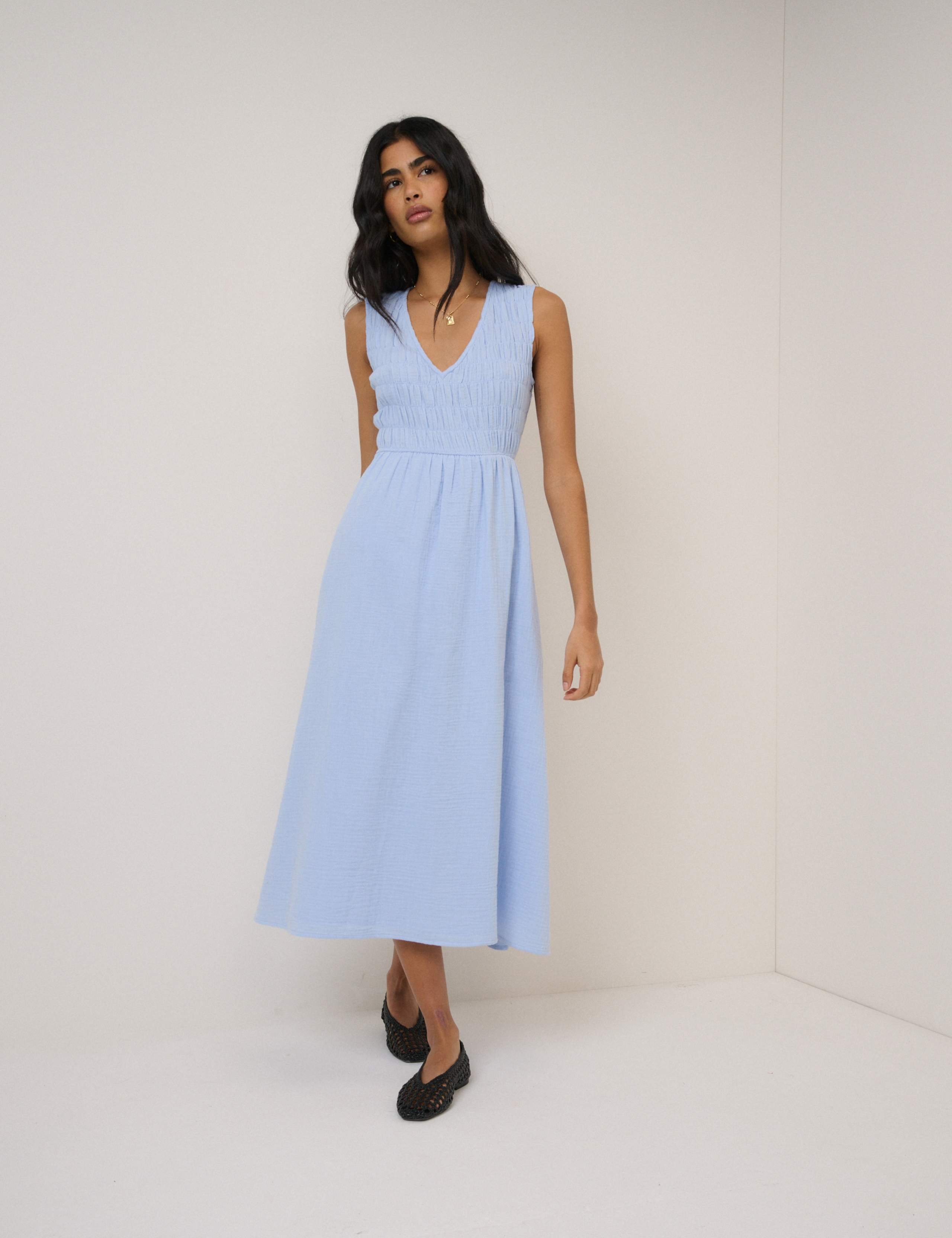 Pure Cotton V-Neck Midaxi Waisted Dress