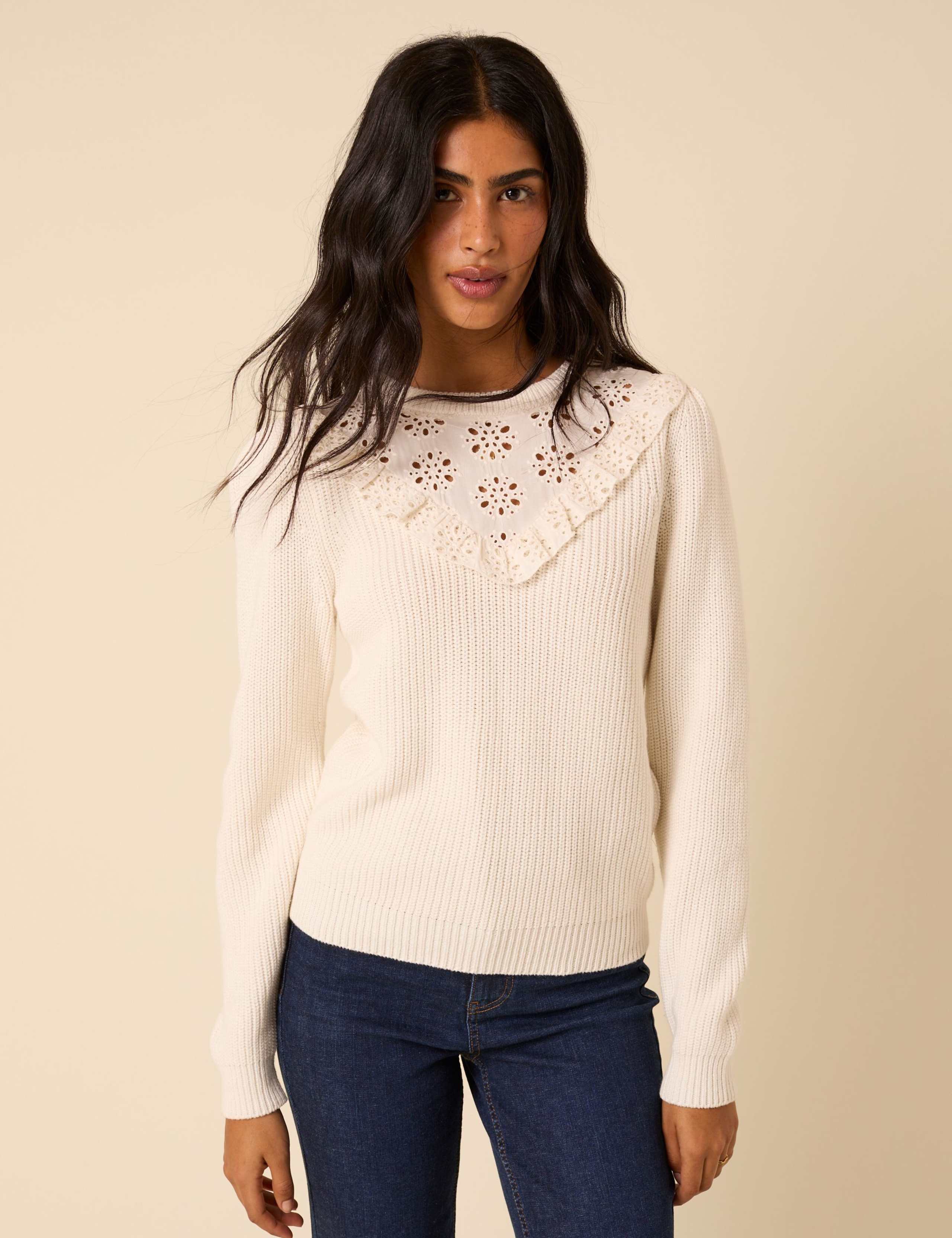 Cotton Broderie Yoke Ribbed  Jumper