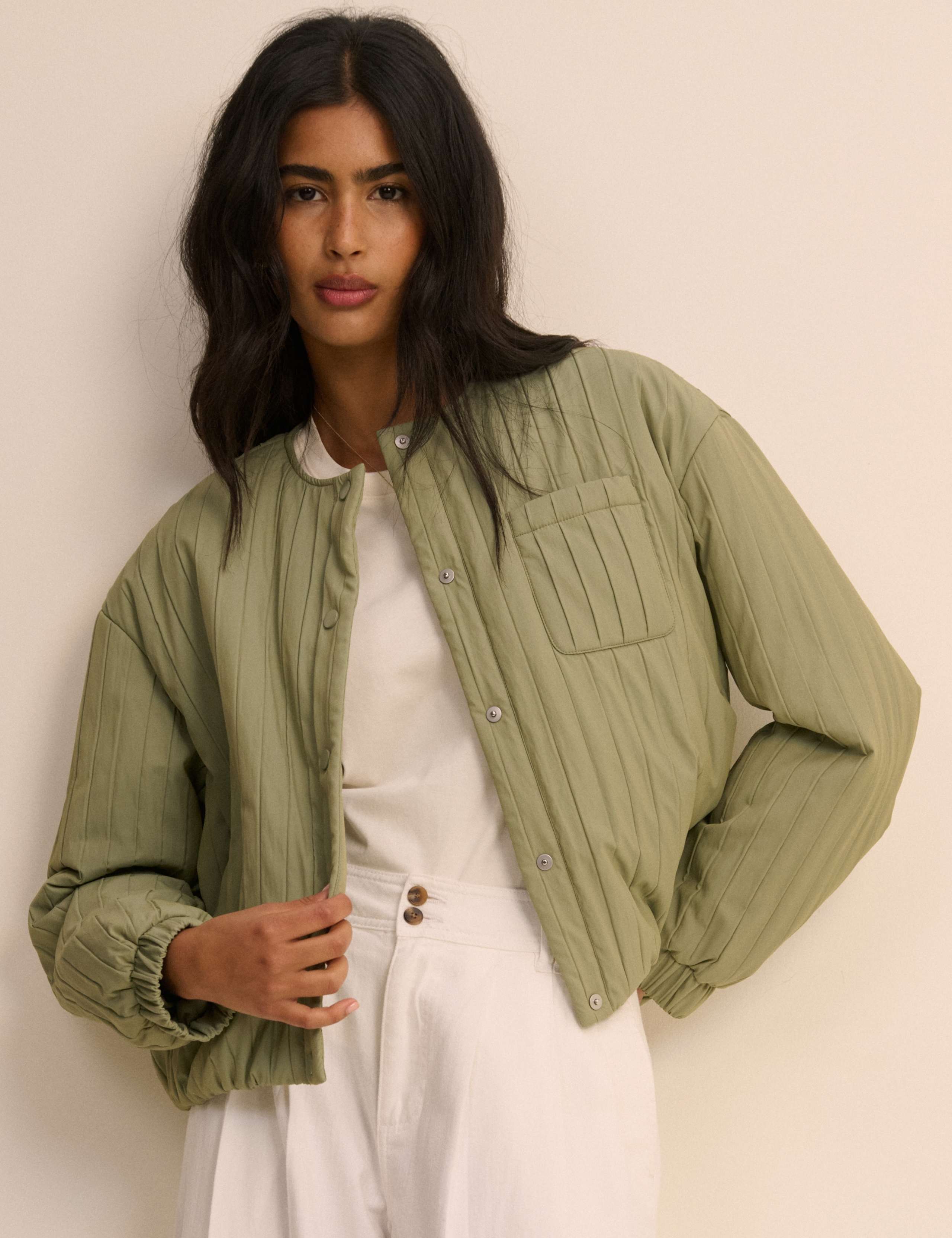 Quilted Collarless Bomber Jacket