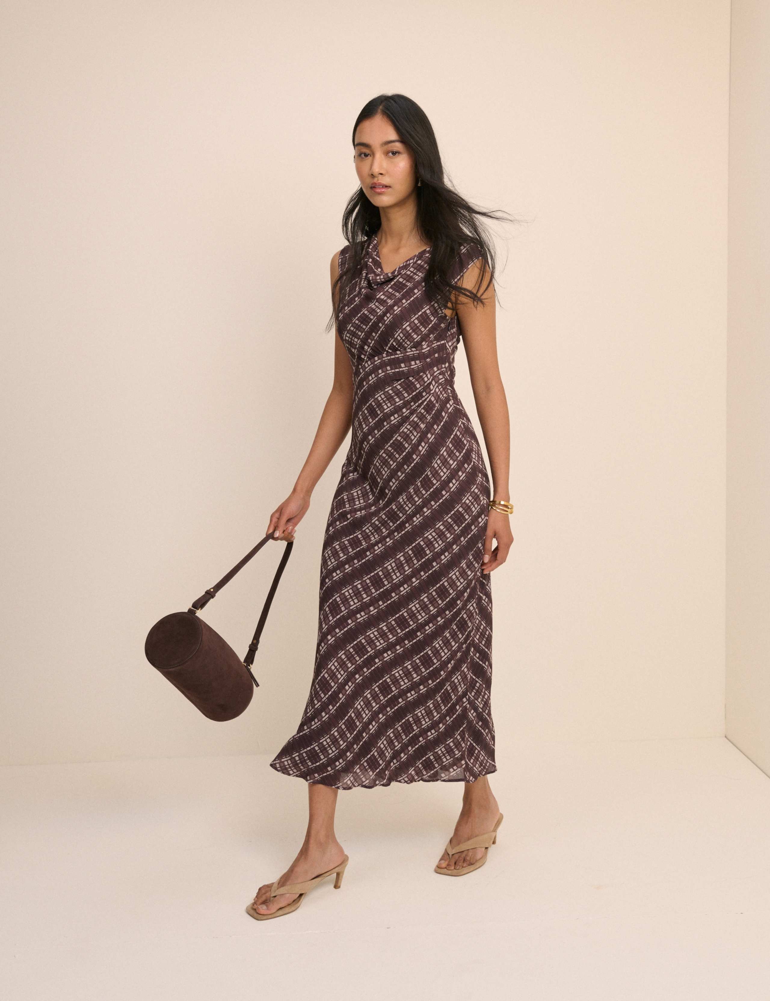 Printed Slash Neck Midi Column Dress