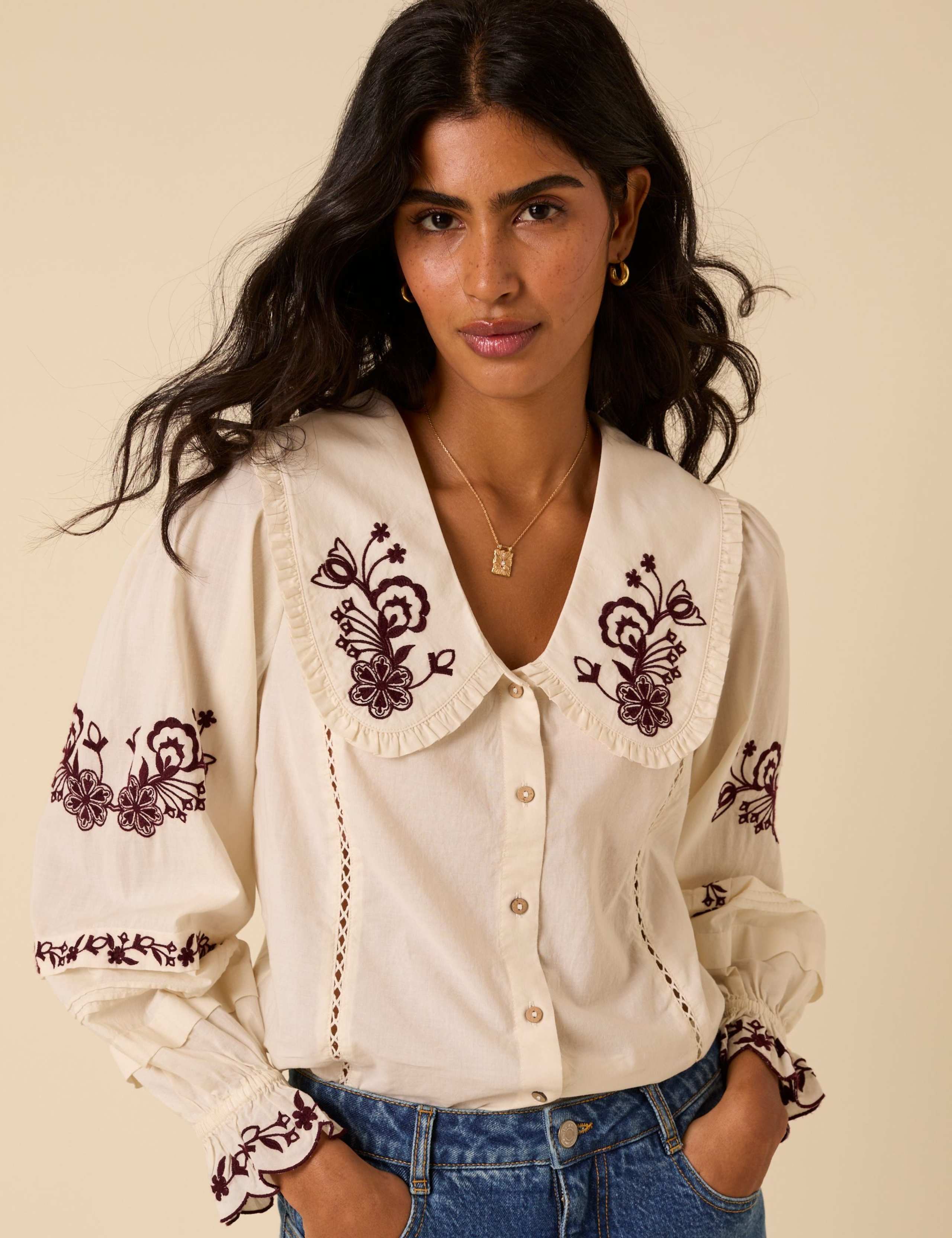 Pure Cotton Embroidered Collared Shirt