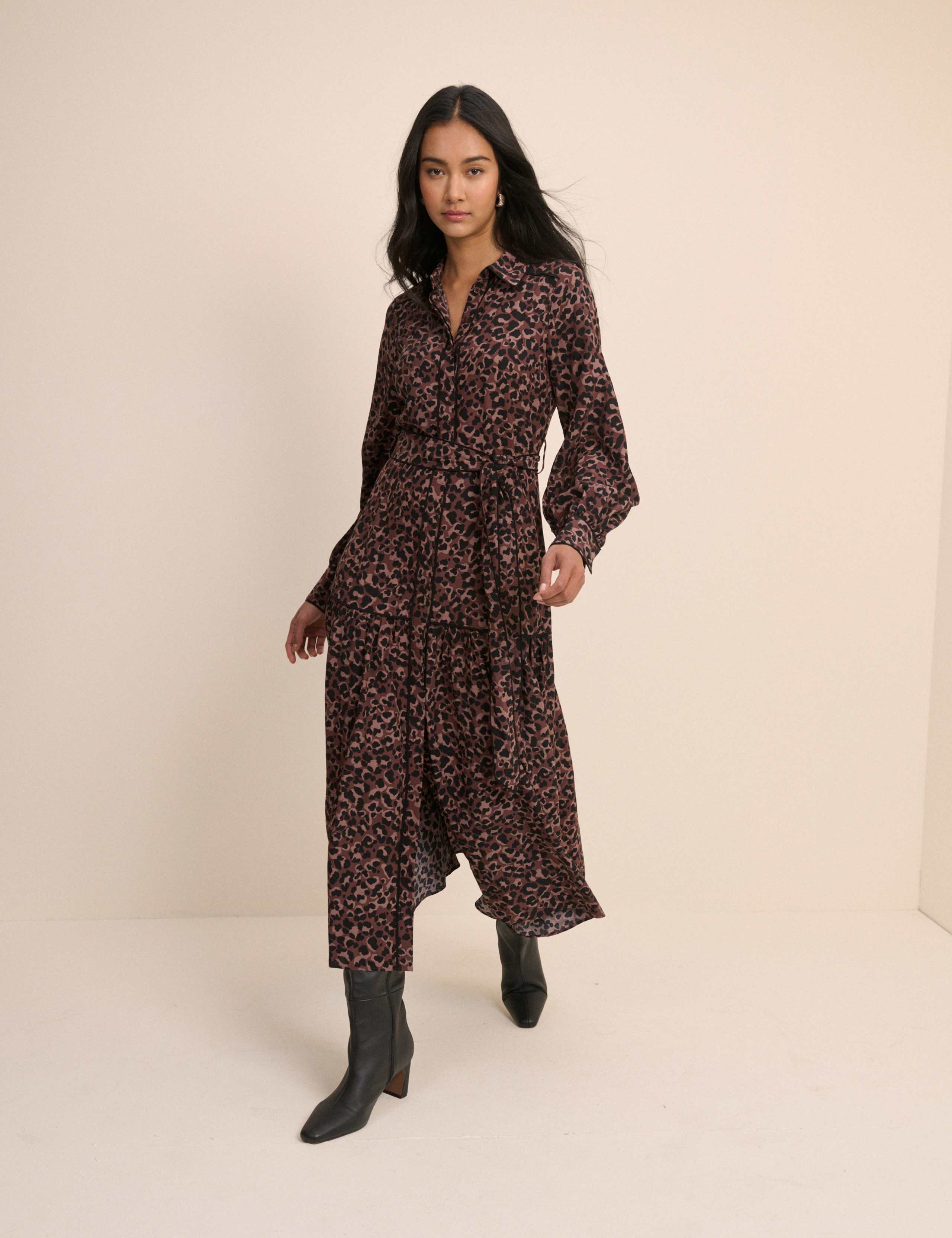 Animal Print Tie Waist Midaxi Shirt Dress