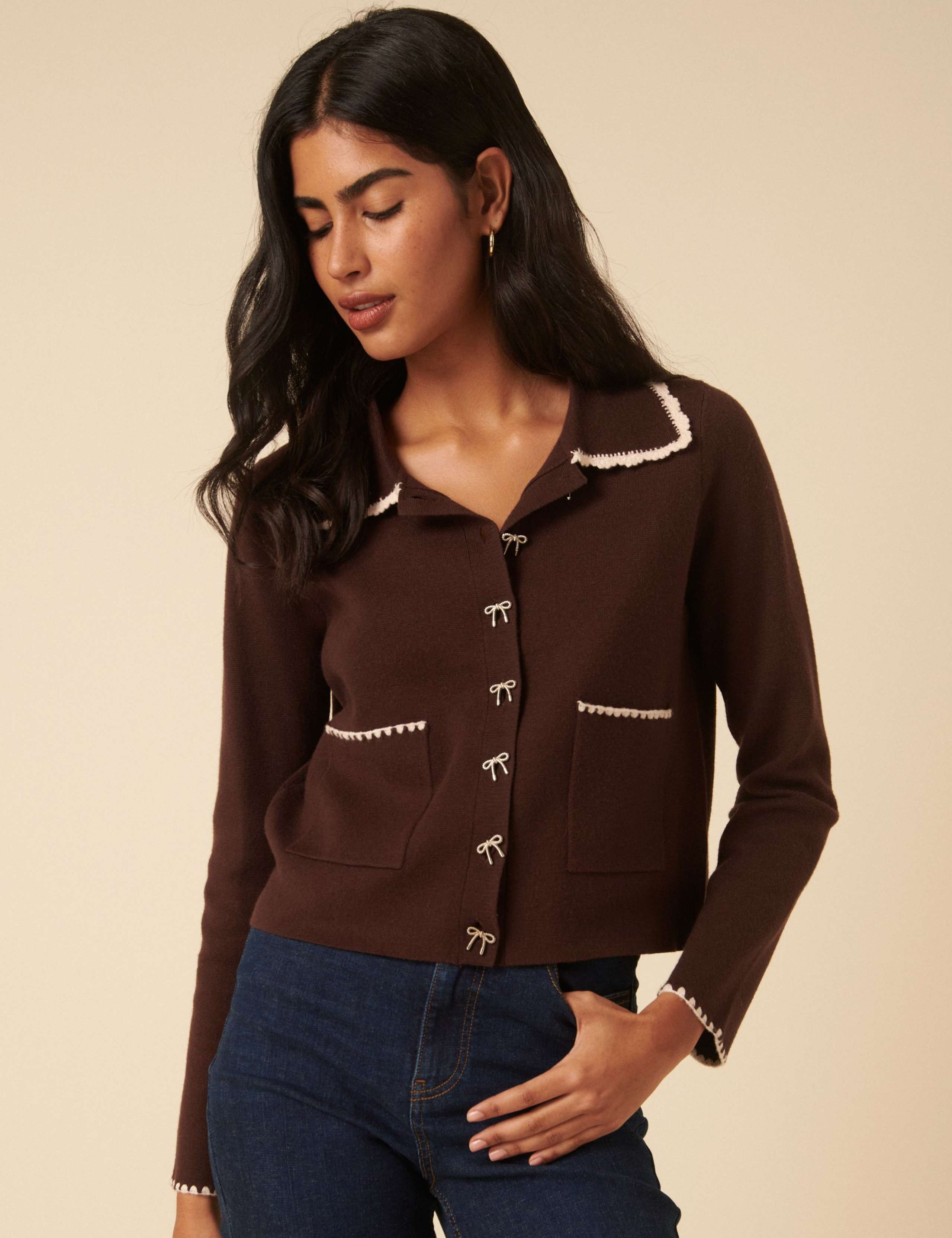 Cropped Collared Knitted Jacket