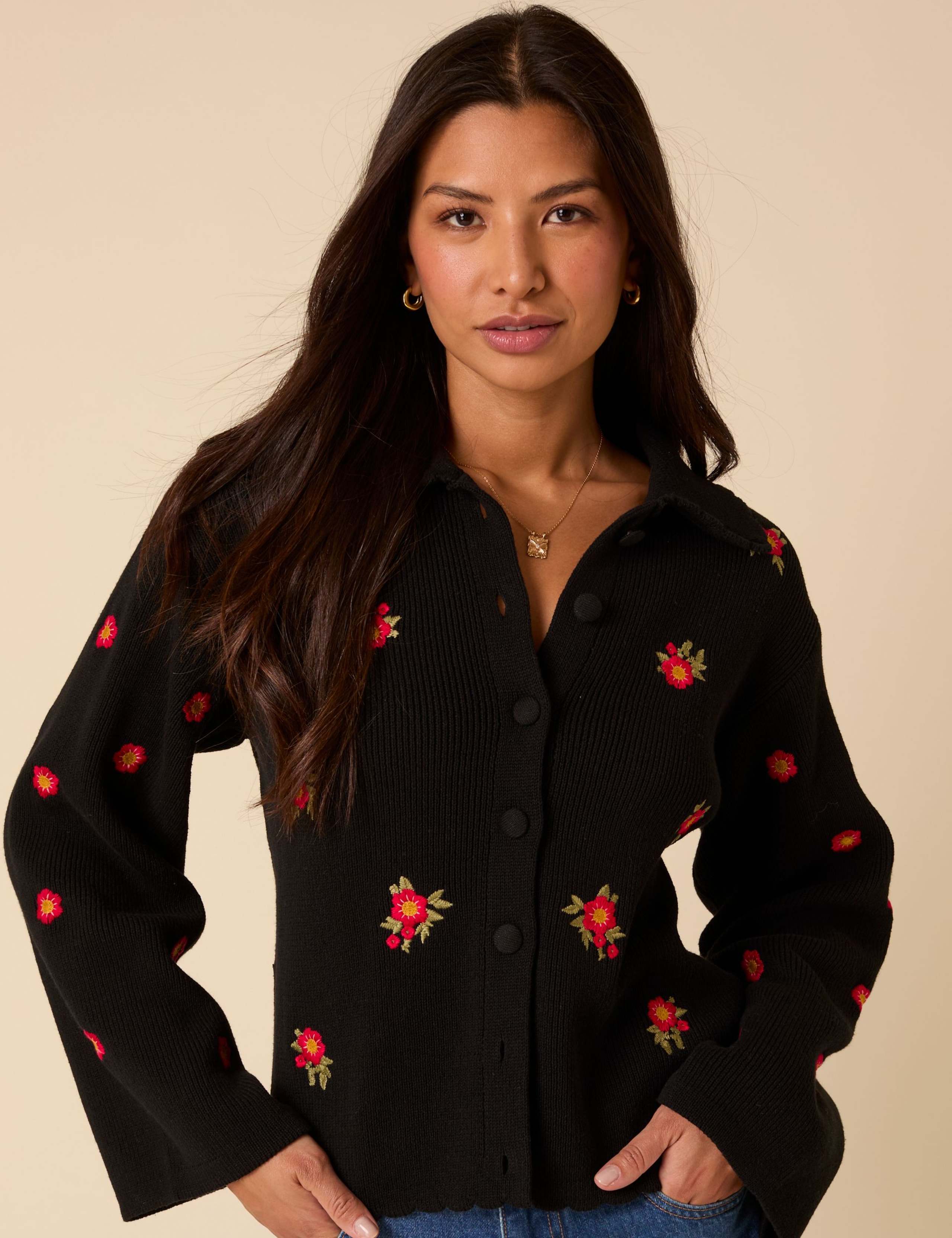 Cotton Rich Embroidered Collared Cardigan