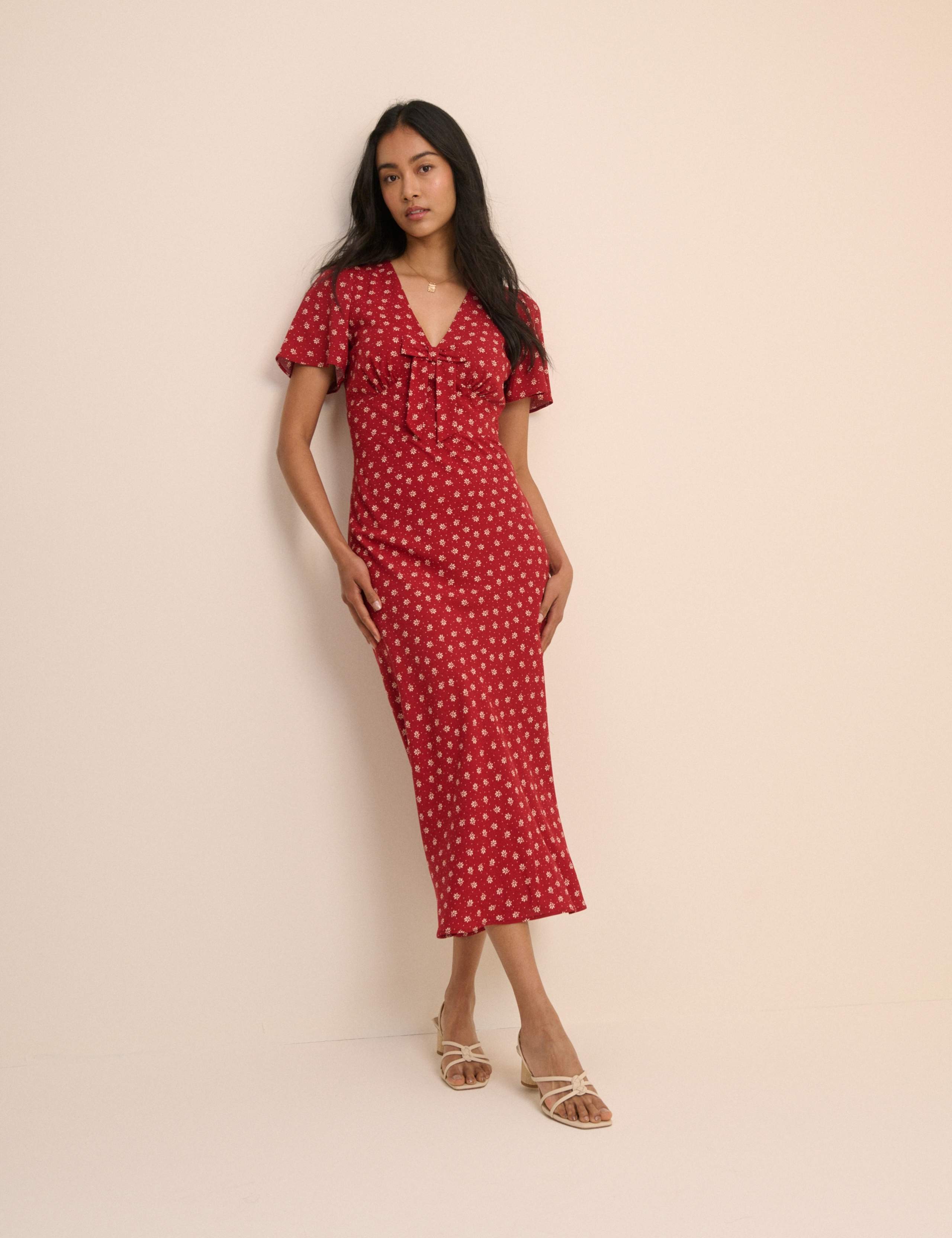 Floral V-Neck Bow Detail Midi Tea Dress