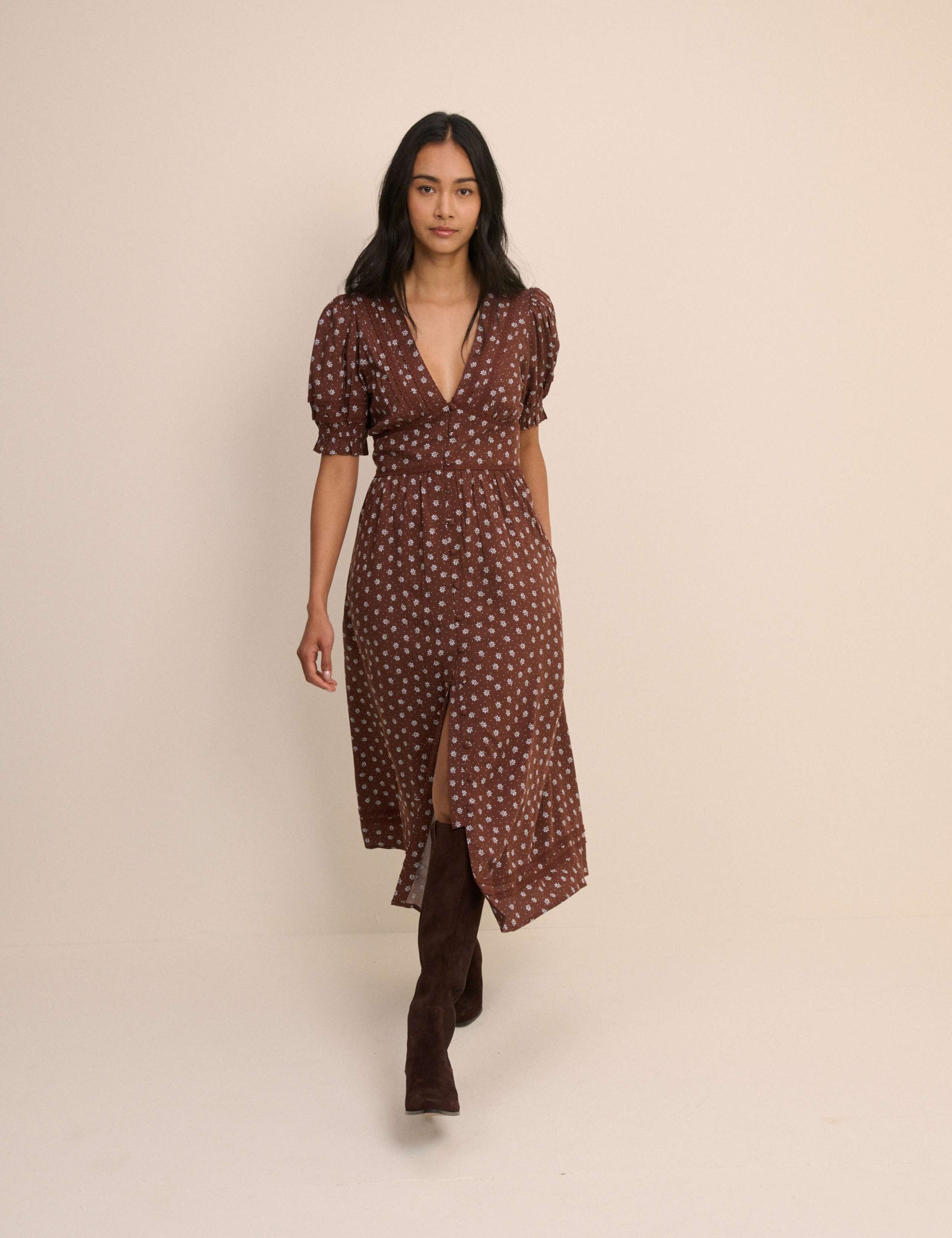 Floral V-Neck Button Front Midi Tea Dress
