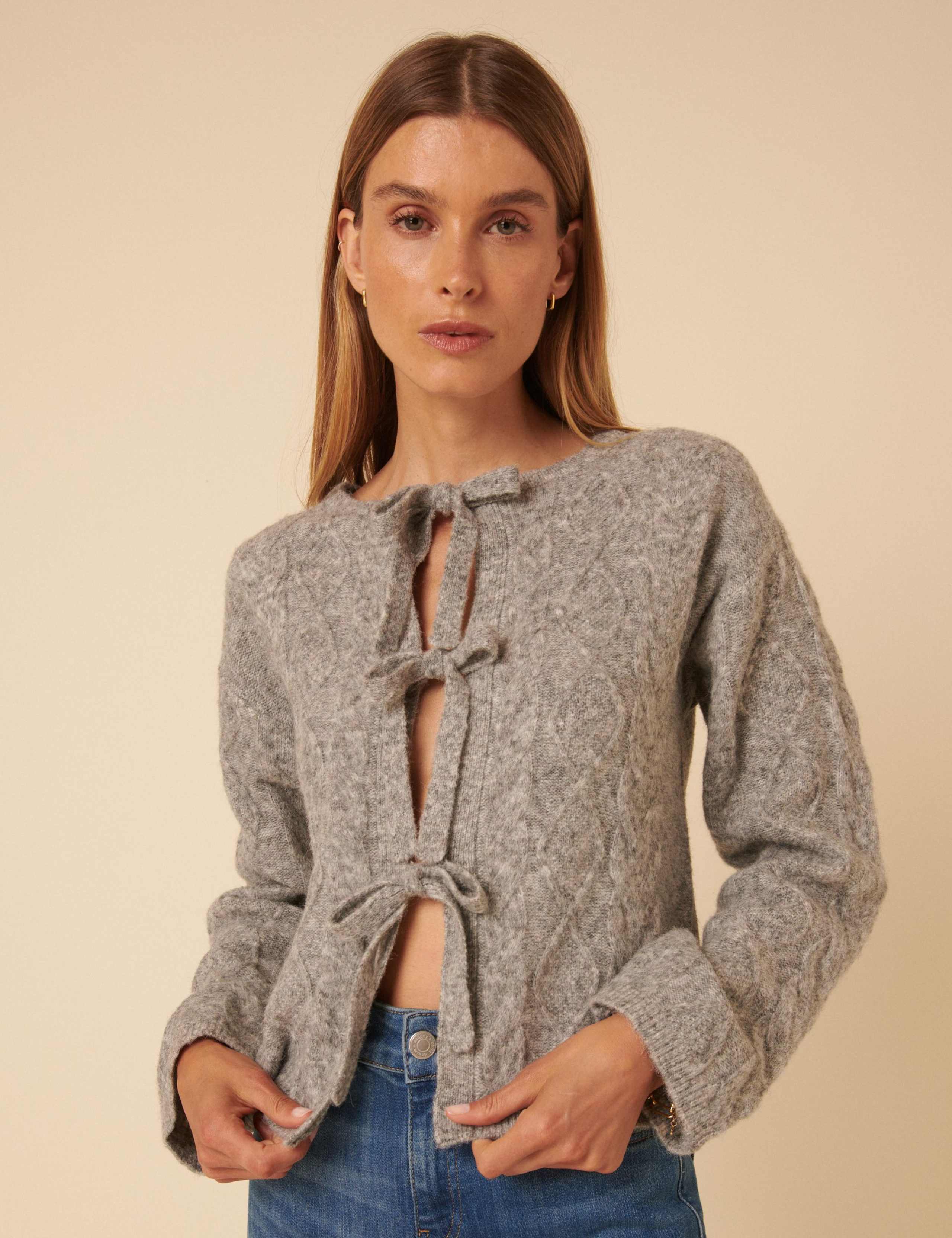 Cable Knit Tie Front Relaxed Cardigan