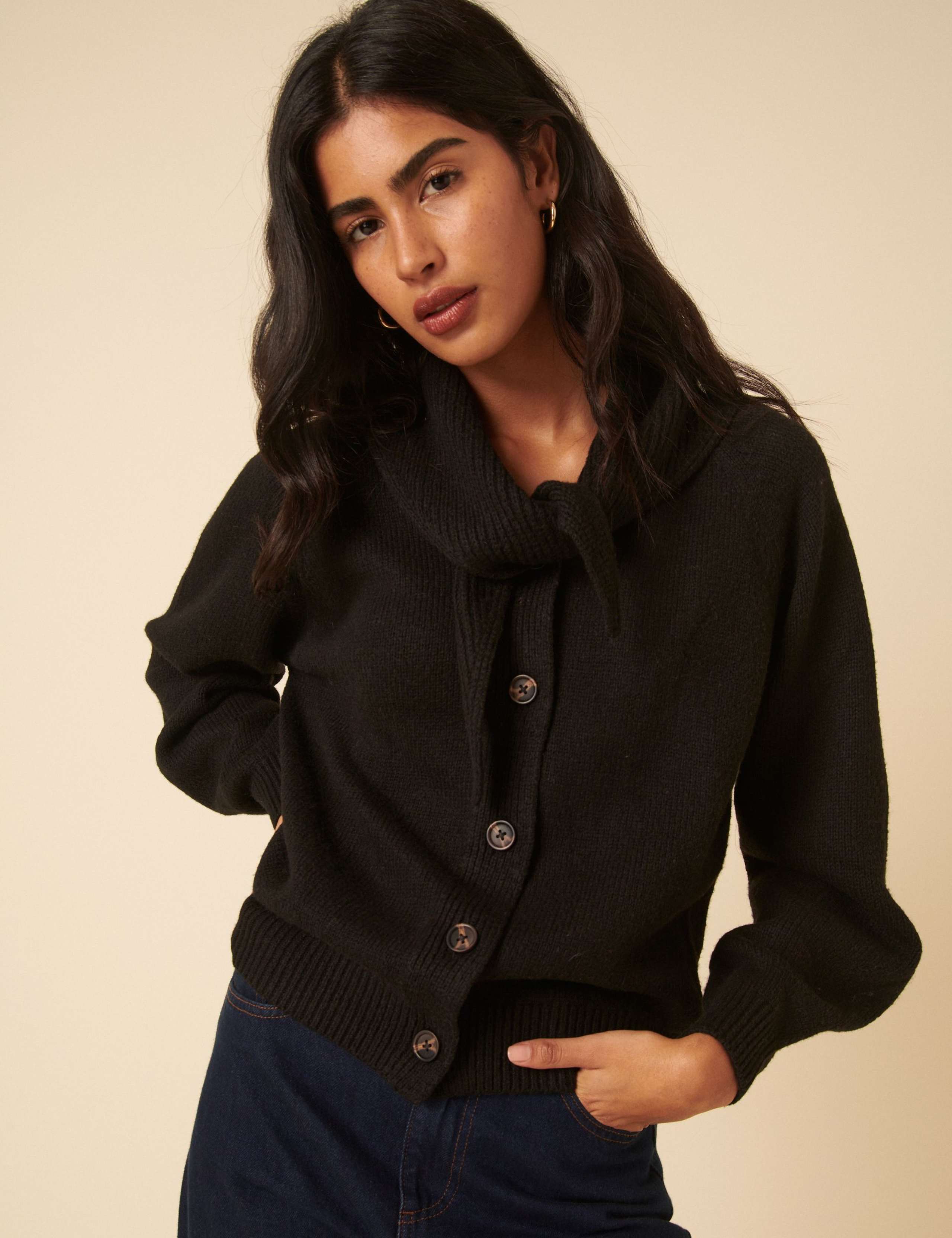 Scarf Neck Button Front Cardigan