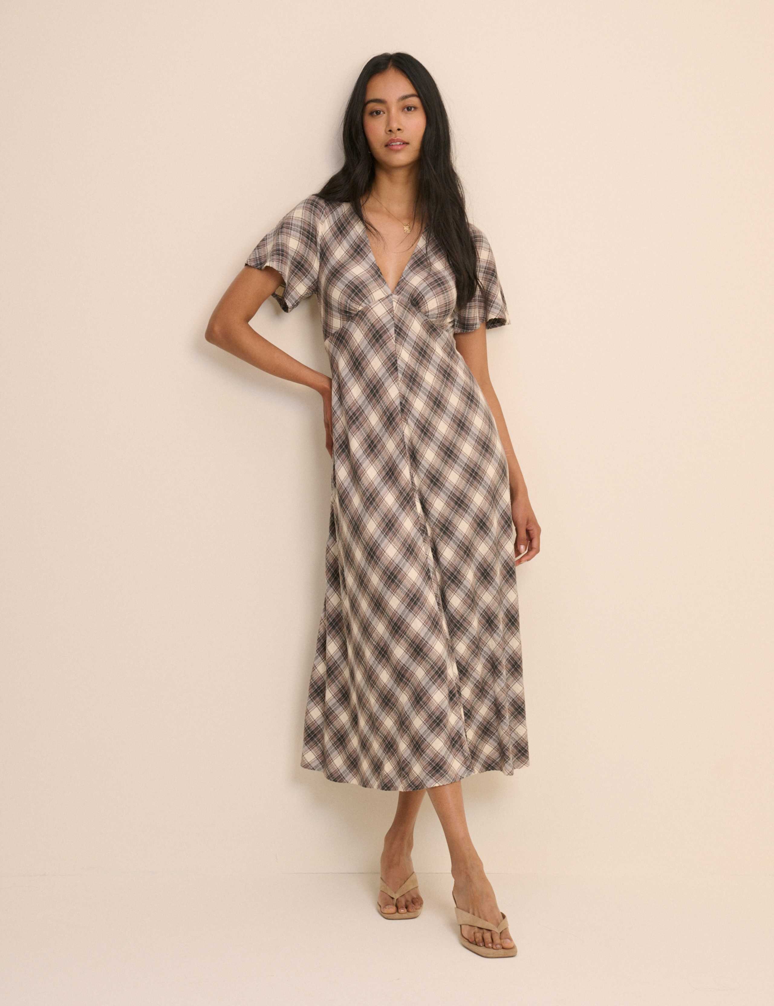 Checked V-Neck Midi Tea Dress