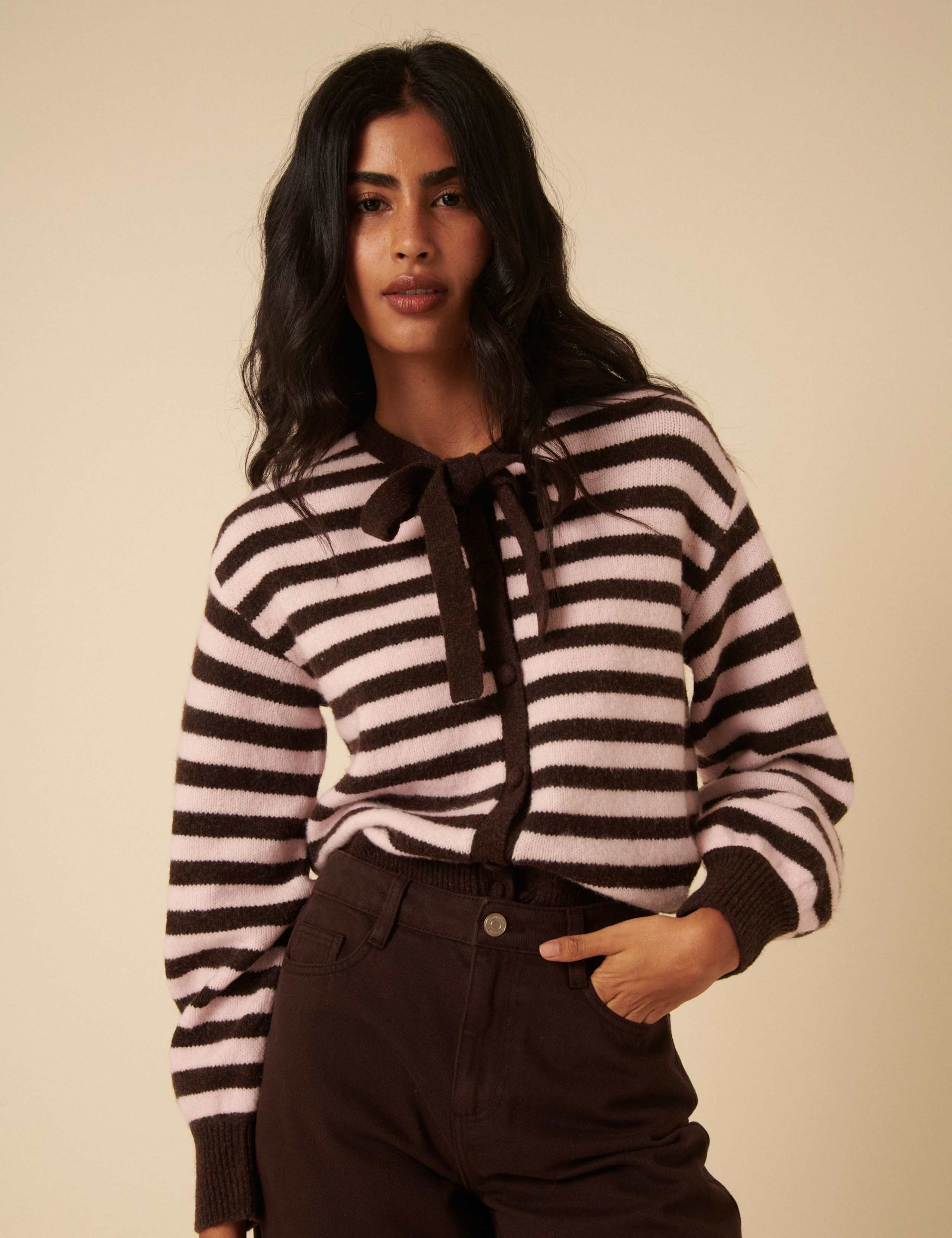 Striped Neck-Tie Relaxed Cardigan