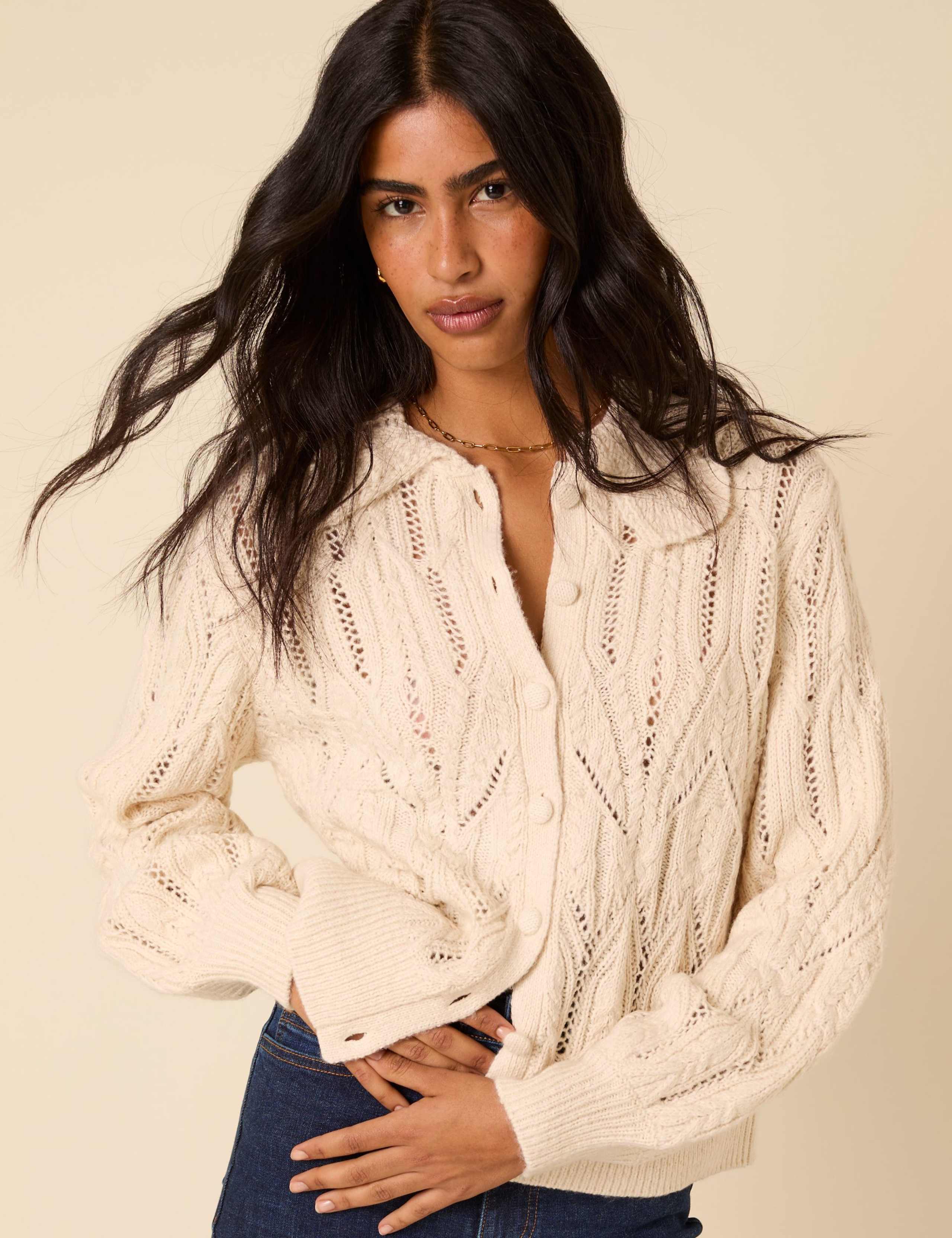 Cotton Rich Pointelle Collared Cardigan