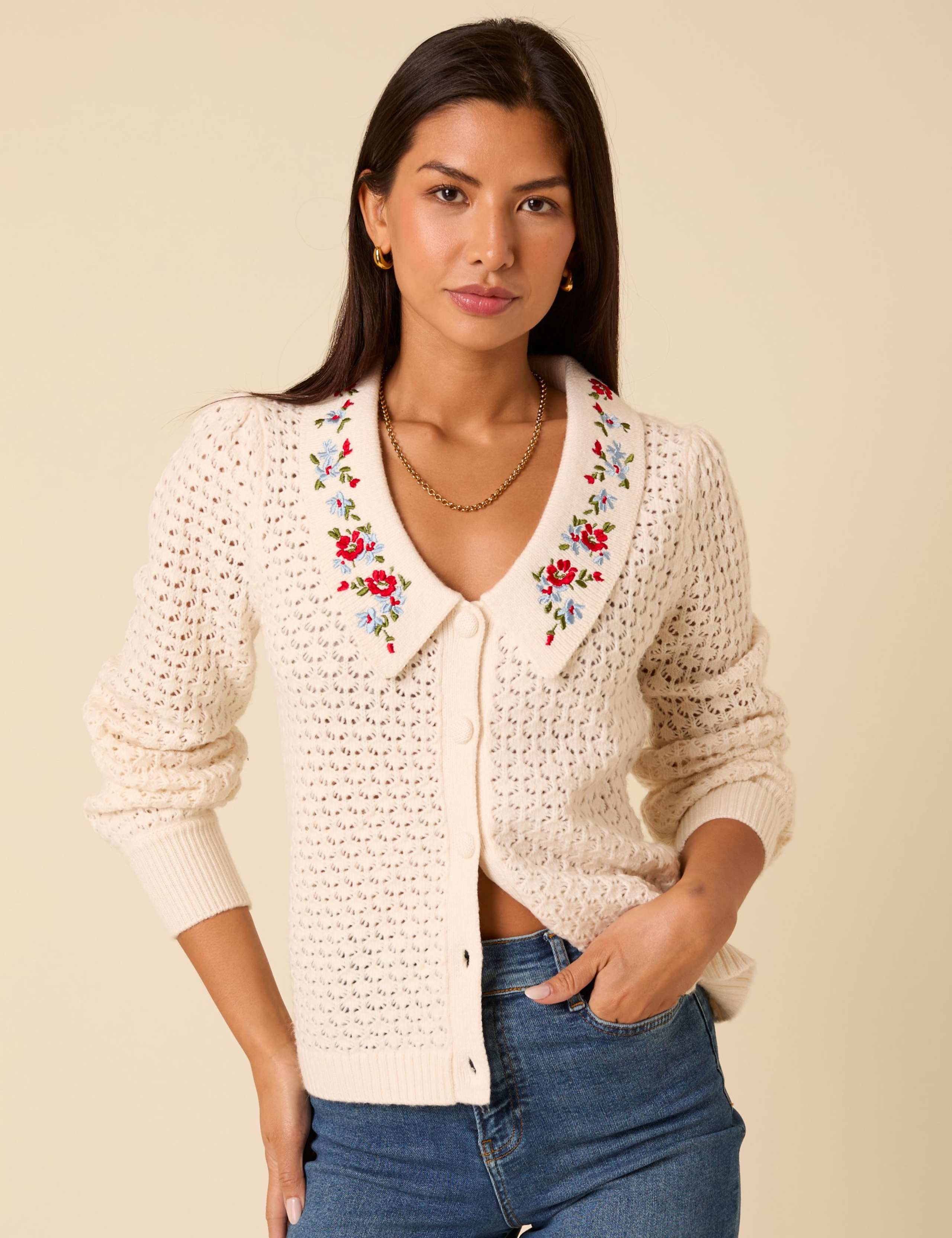 Pointelle Embroidered Collared Cardigan
