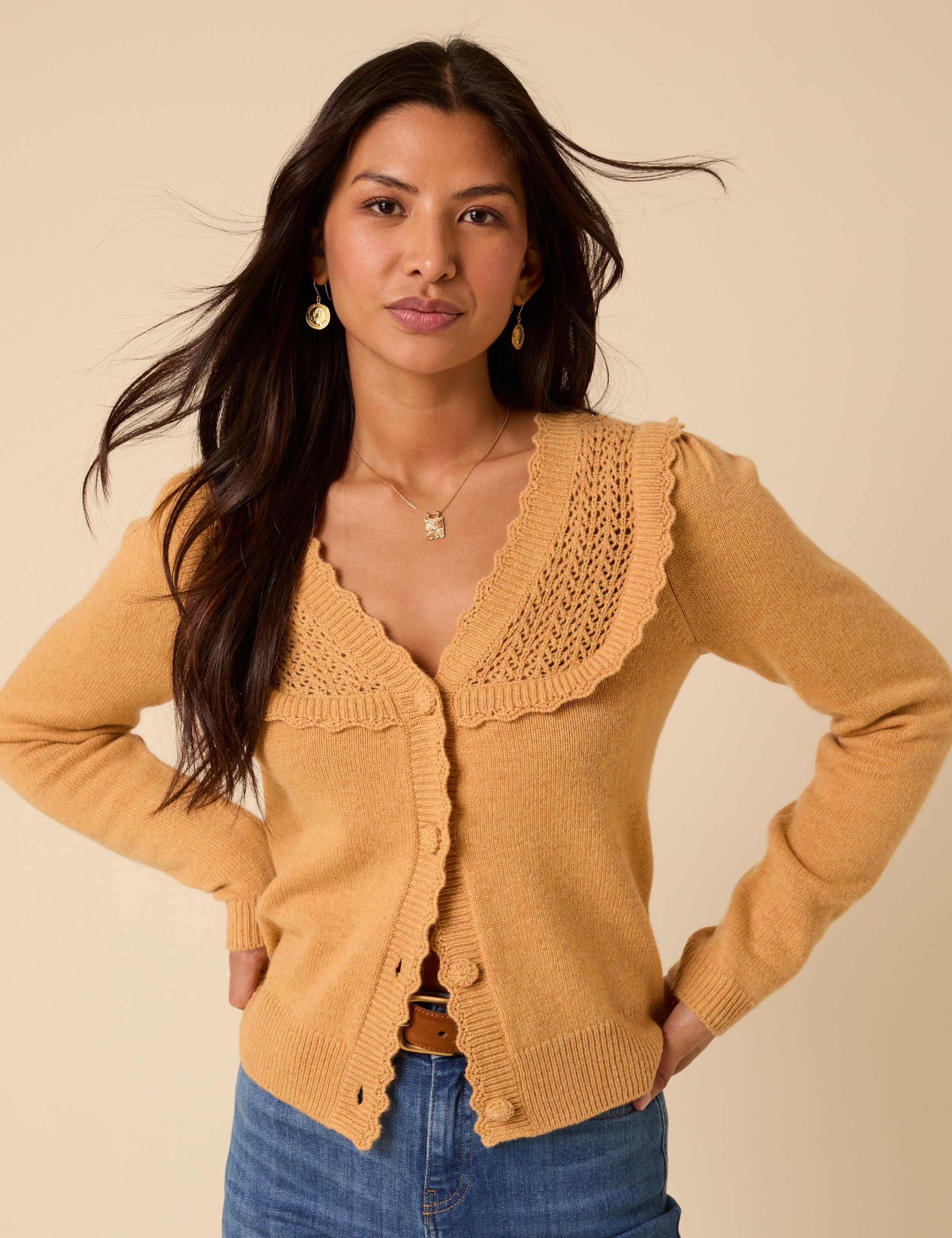 Wool Blend Pointelle Scallop Edge Cardigan