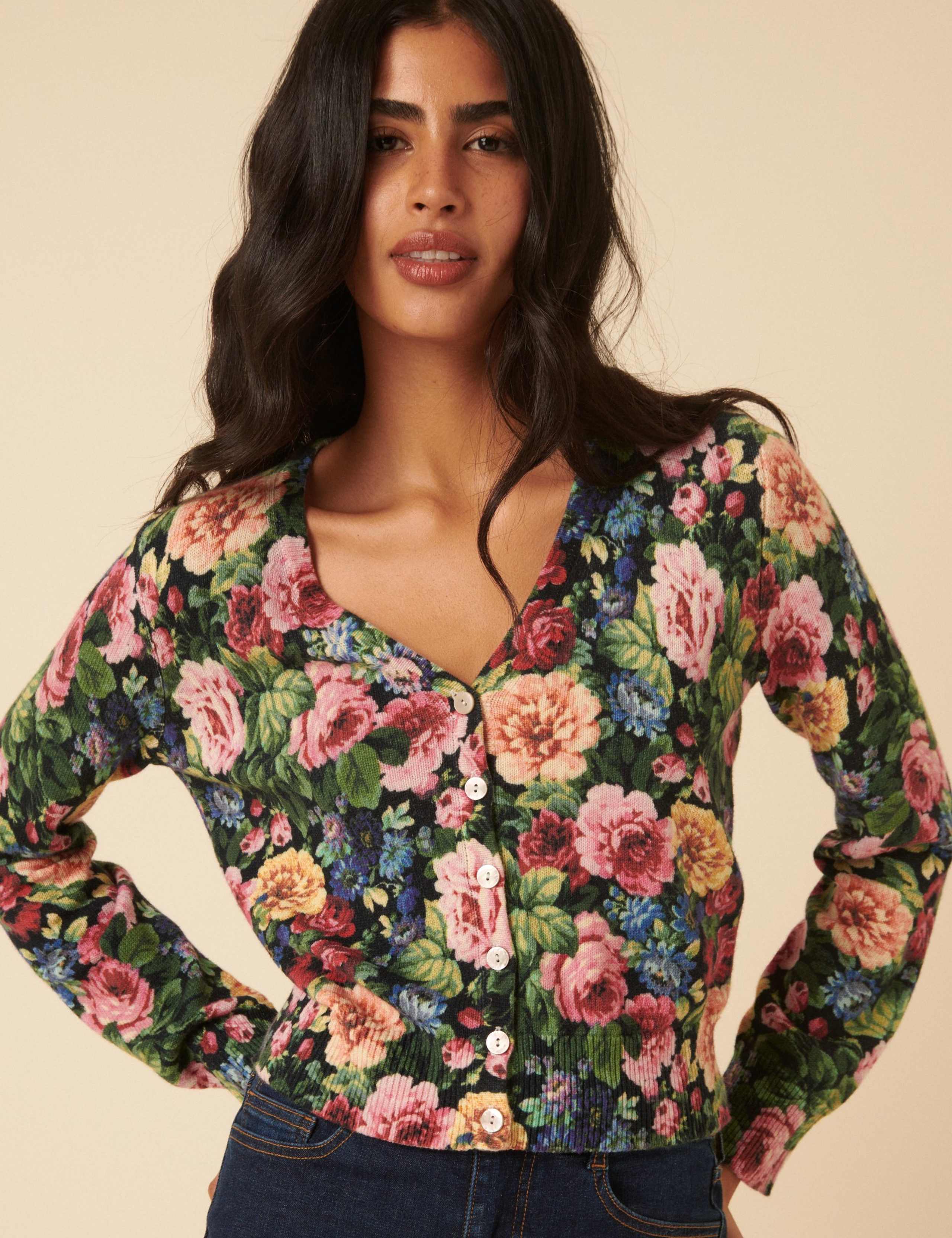 Cotton Rich Floral Cardigan with Wool