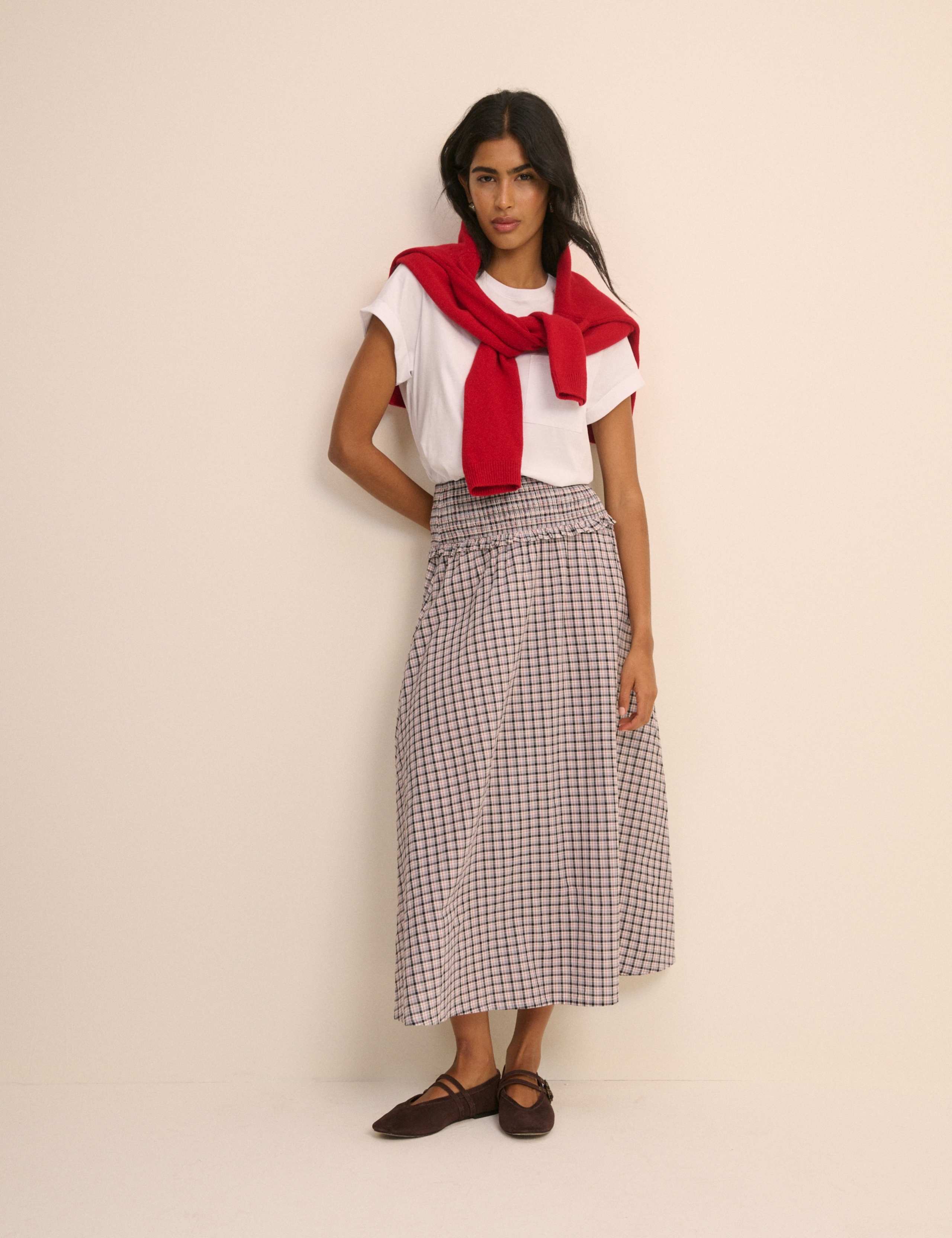 Pure Cotton Checked Midi Slip Skirt