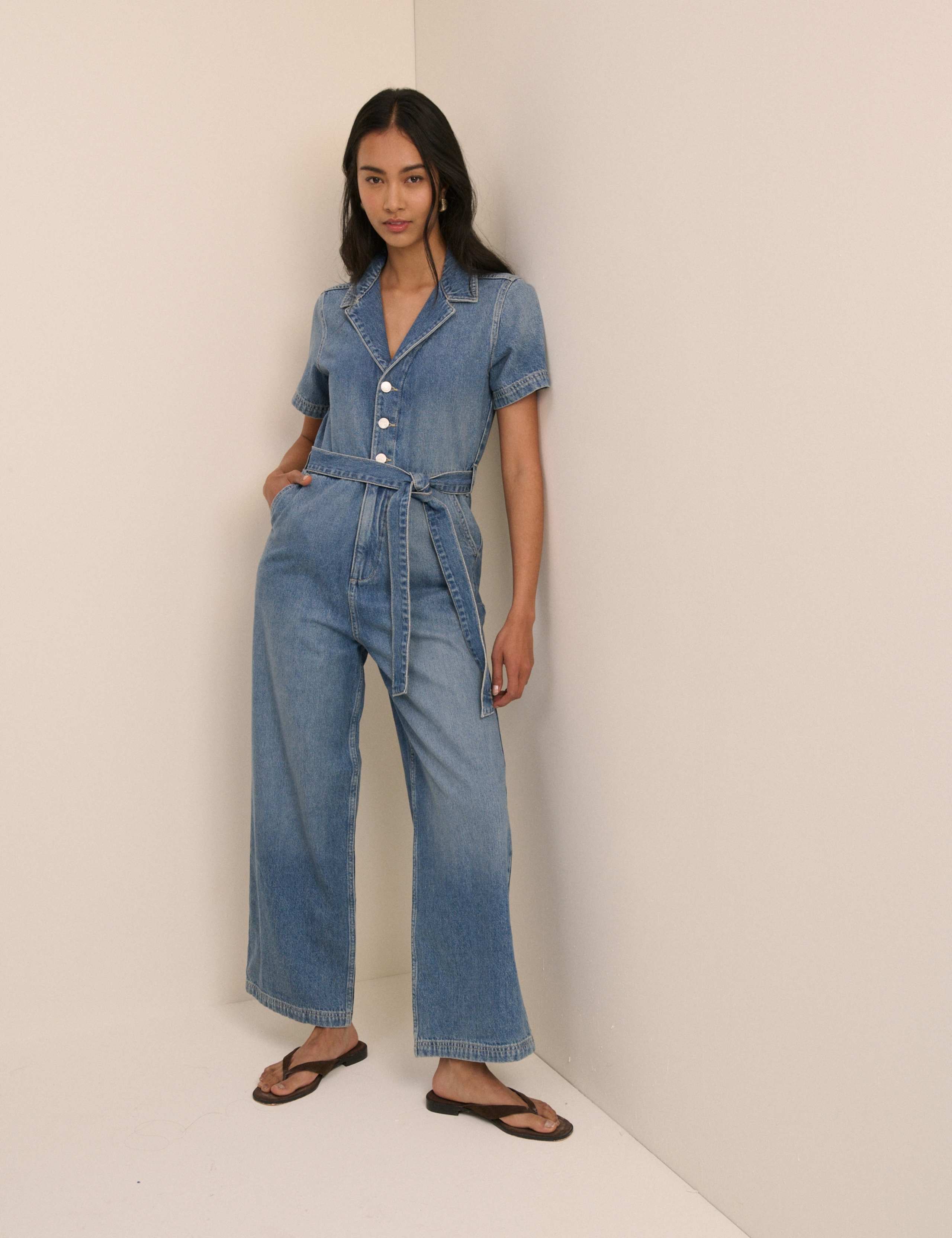 Denim Belted Wide Leg Jumpsuit