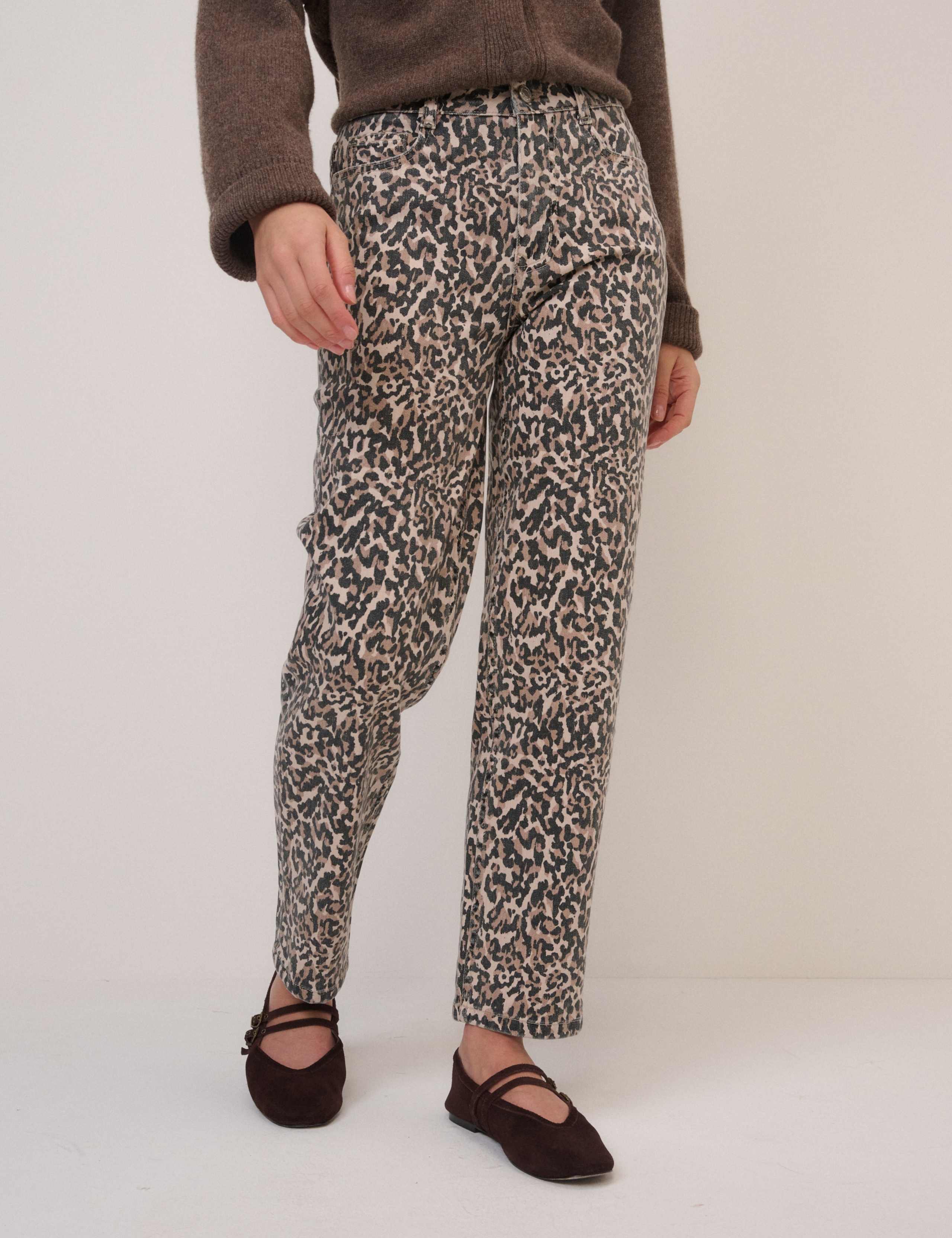 Animal Print Tapered Straight Leg Jeans