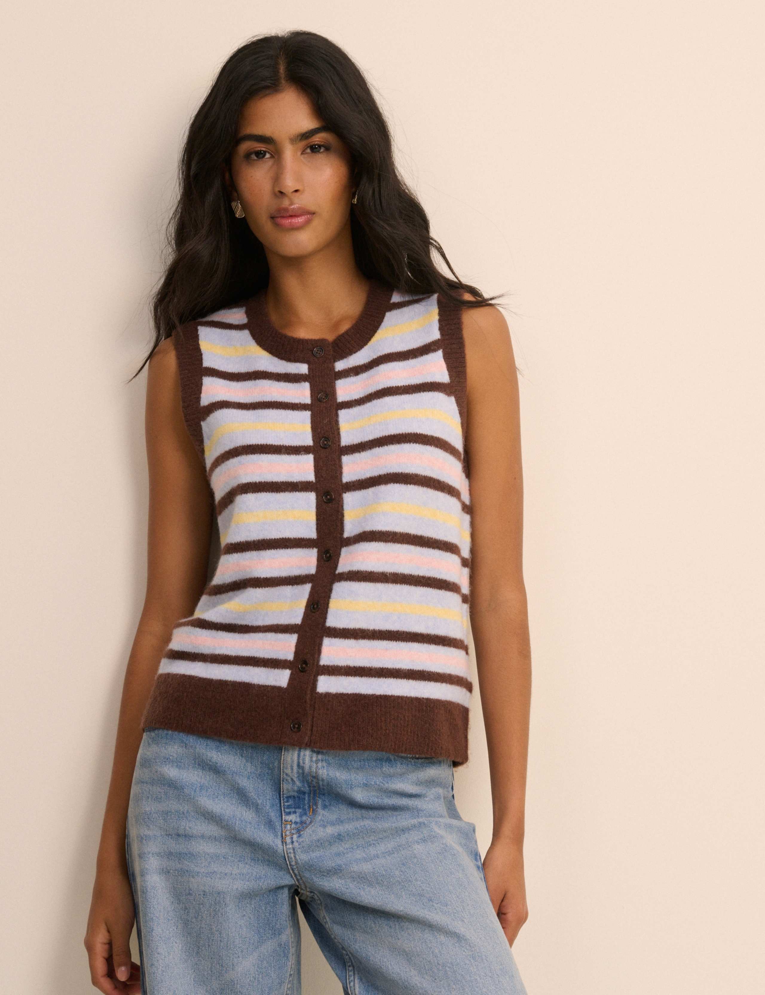 Striped Sleeveless Cardigan with Wool