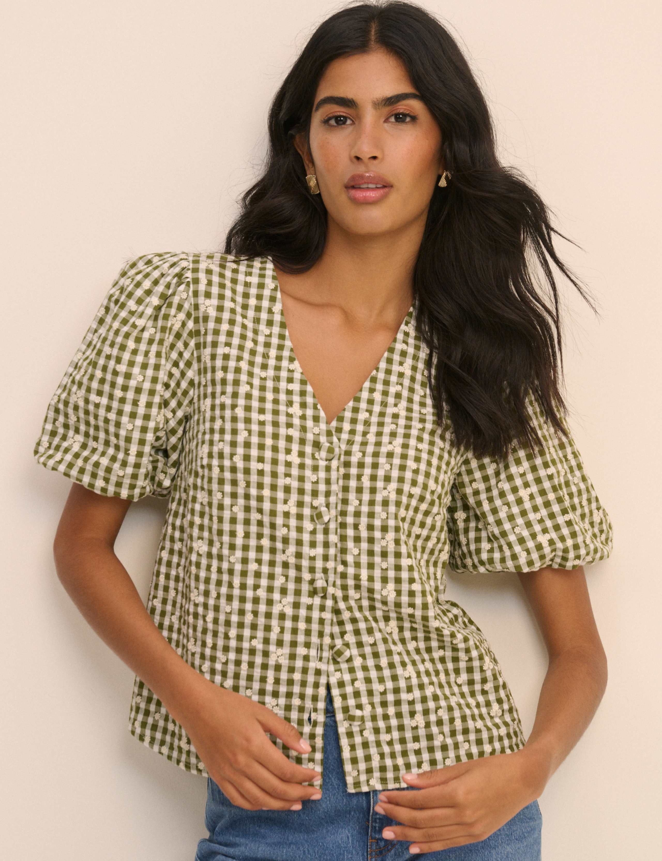 Pure Cotton Checked Embroidery V-Neck Blouse