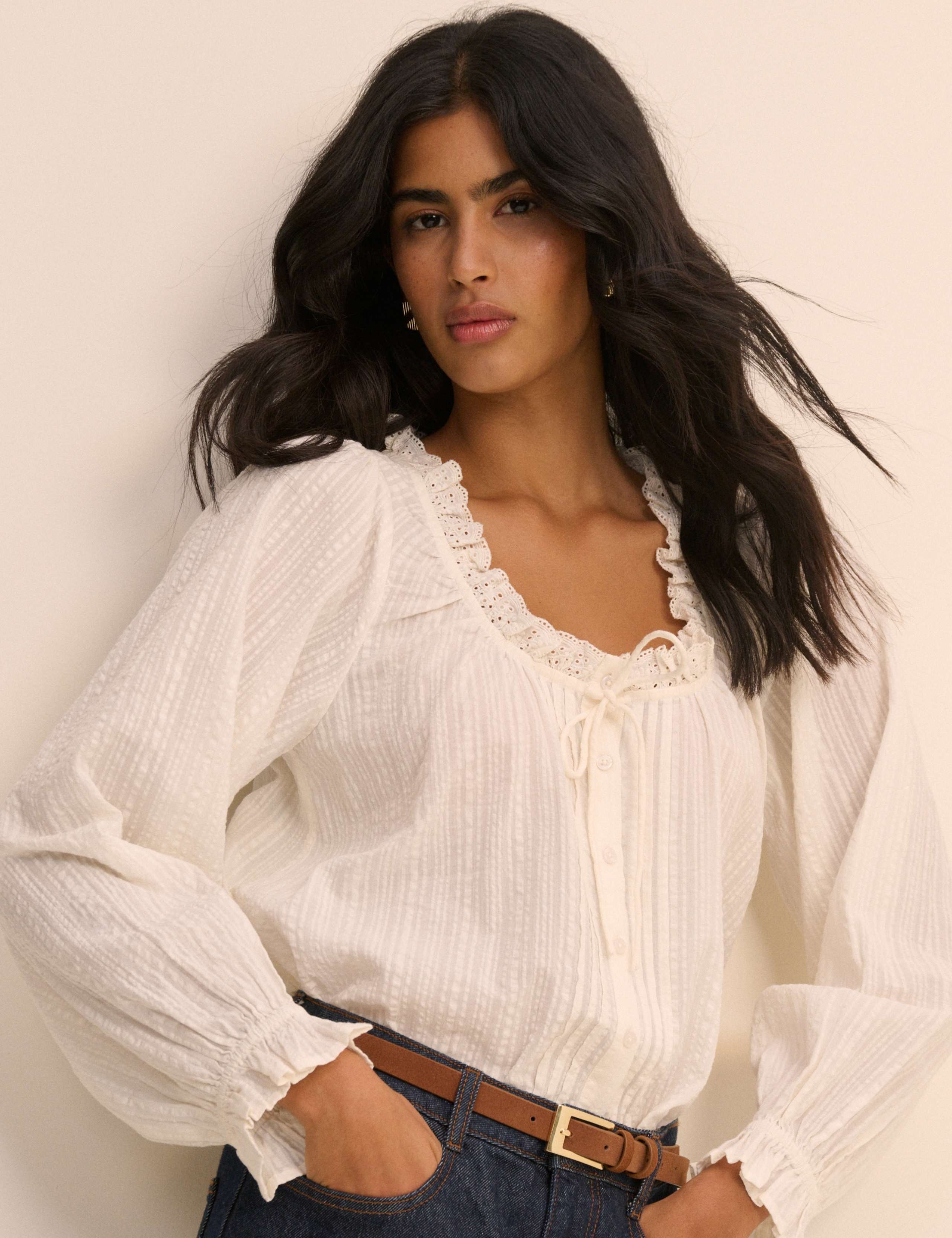 Pure Cotton Broderie Scoop Neck Blouse
