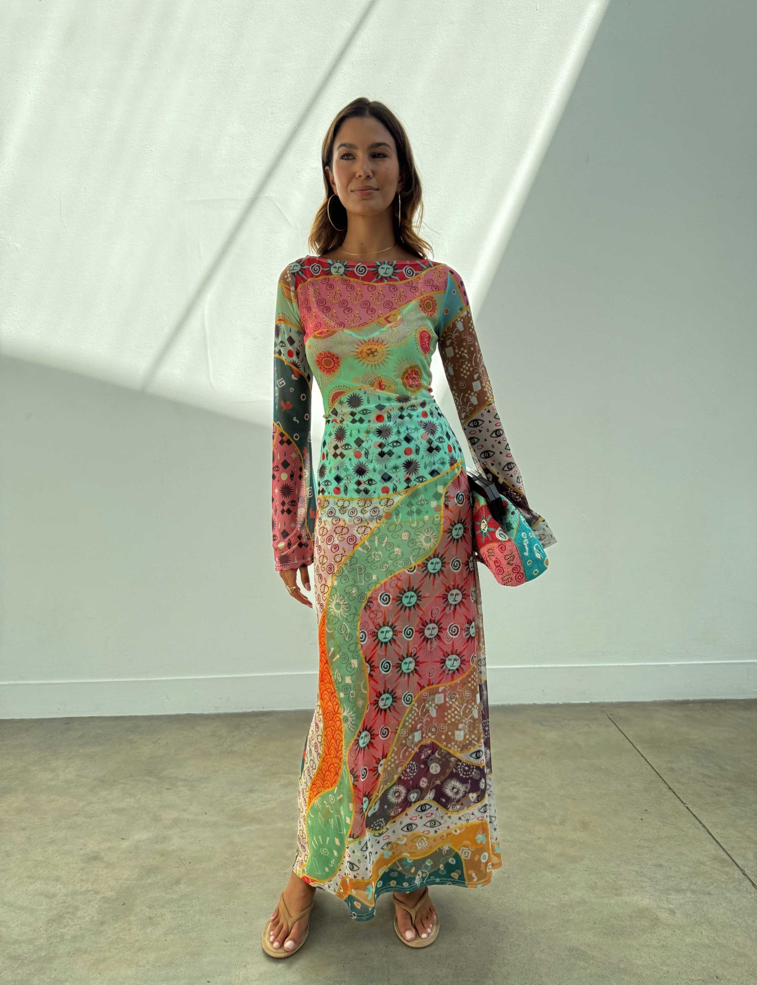 Mesh Printed Slash Neck Midaxi Column Dress