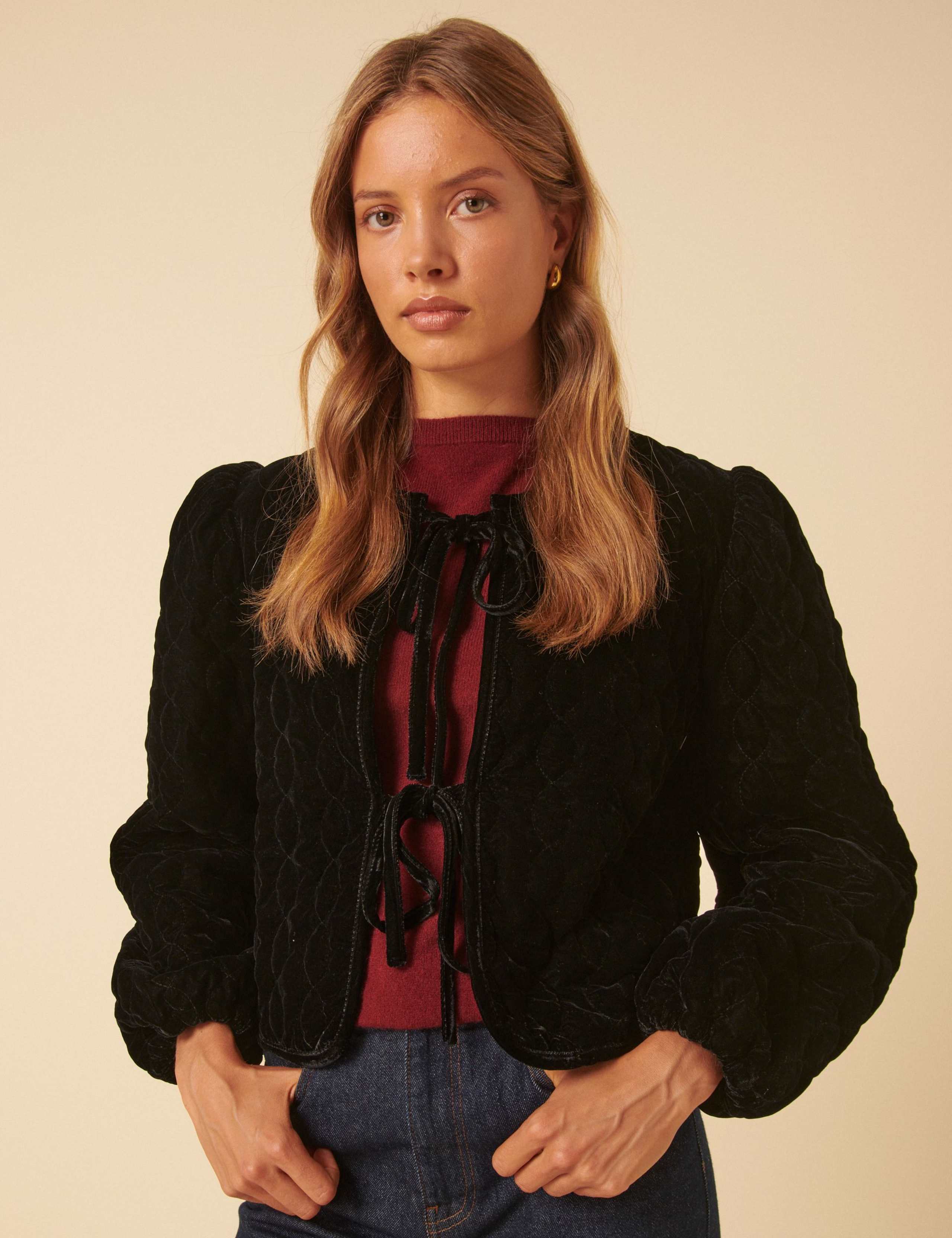 Velvet Tie Front Quilted Cropped Jacket