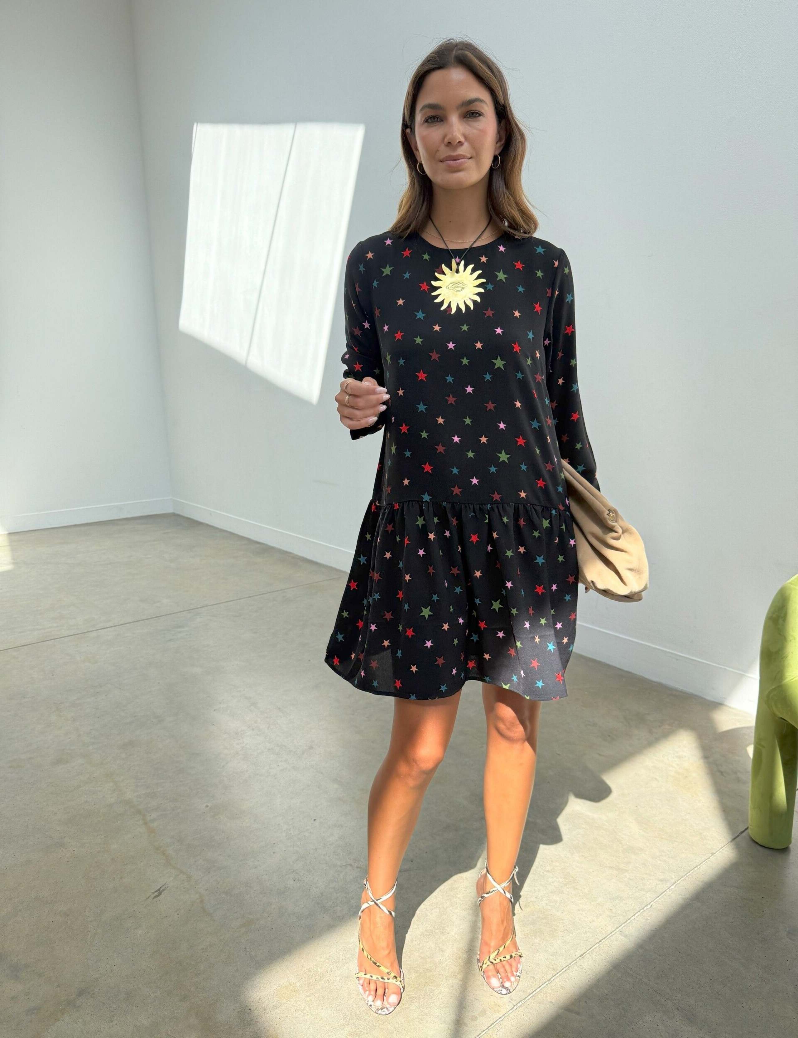Star Print Round Neck Mini Drop Waist Dress