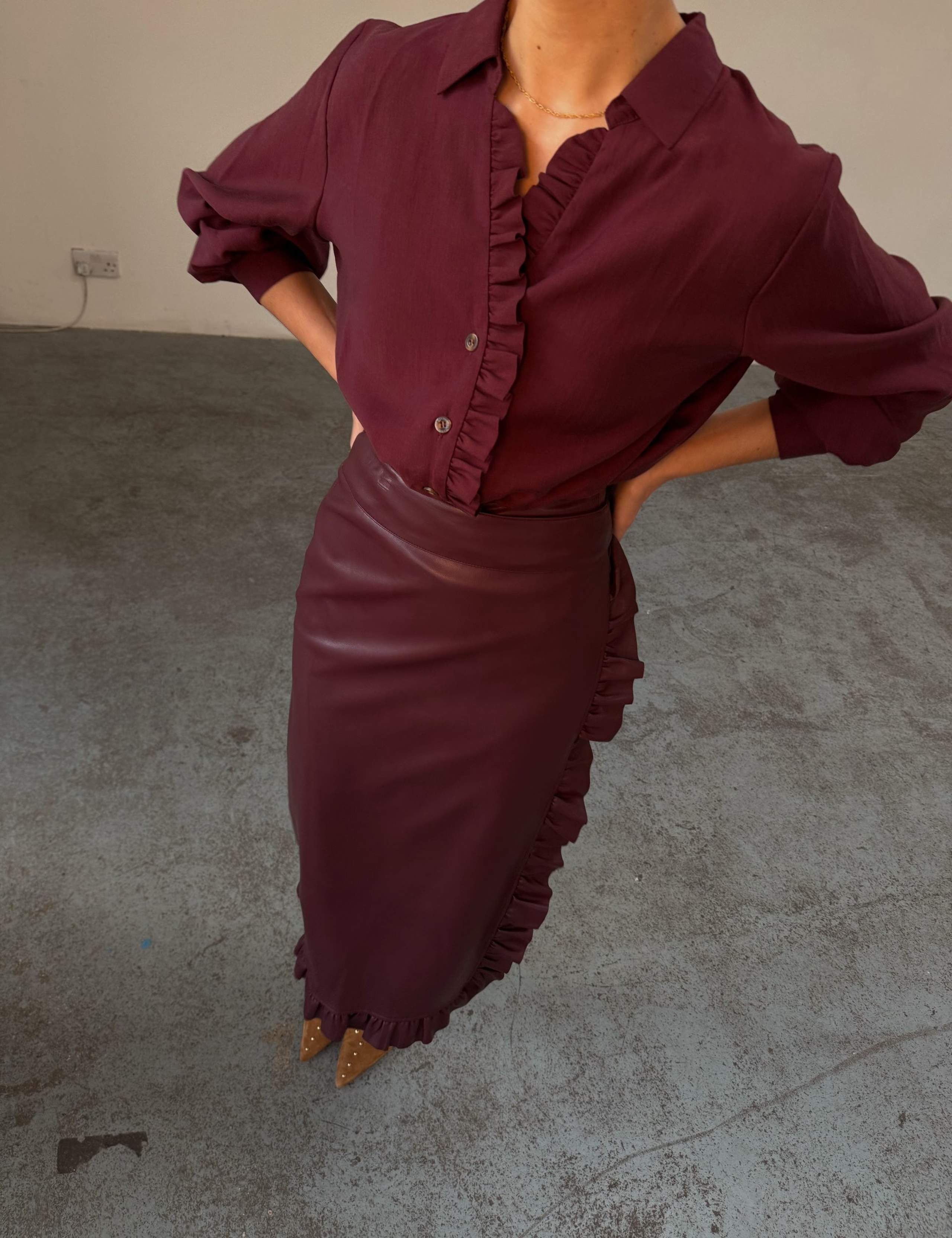 Leather Look Ruffle Maxi Wrap Skirt