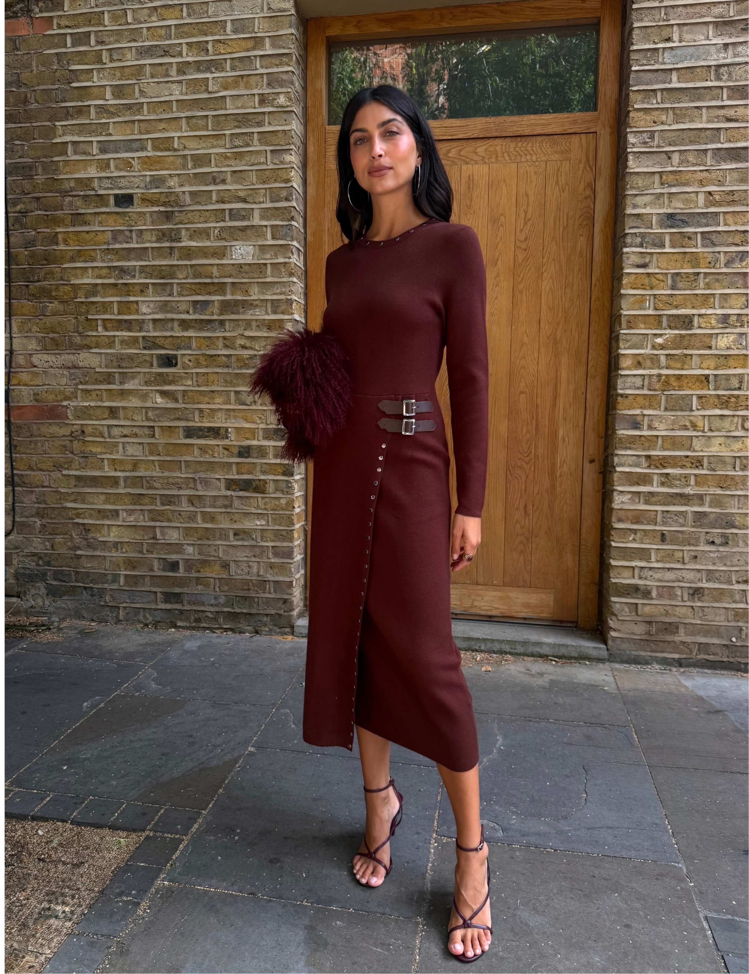 Round Neck Stud Detail Maxi Waisted Dress
