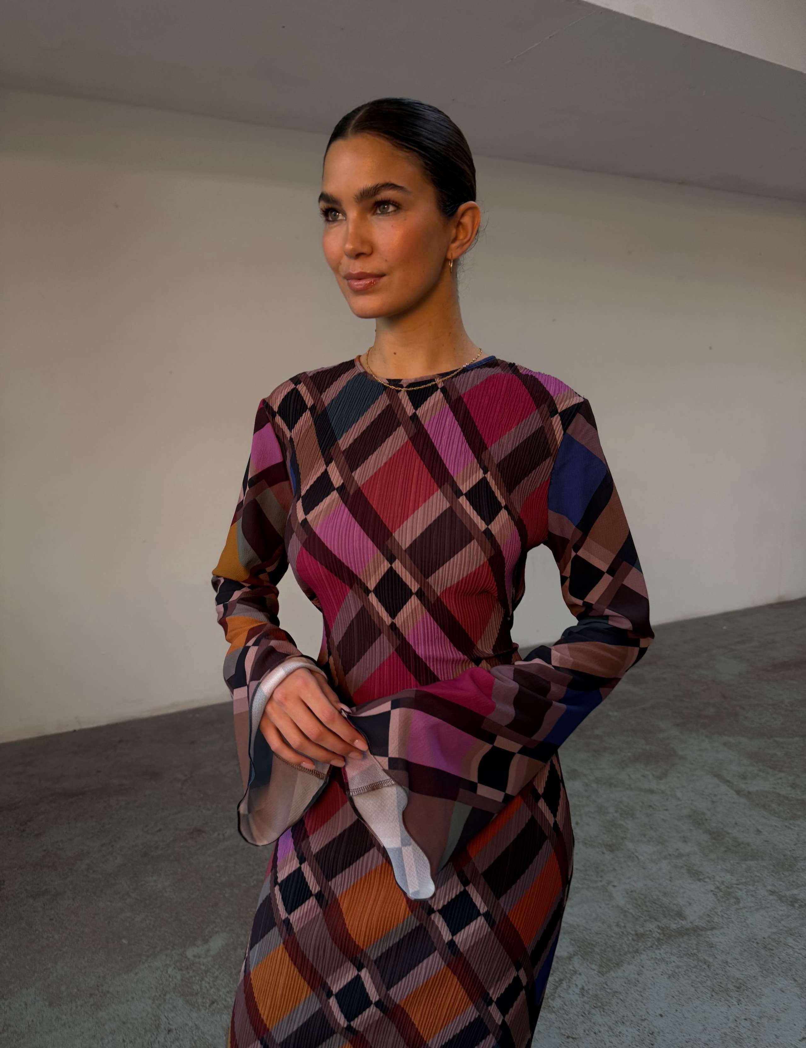 Checked Plisse Tie Waist Maxi Dress