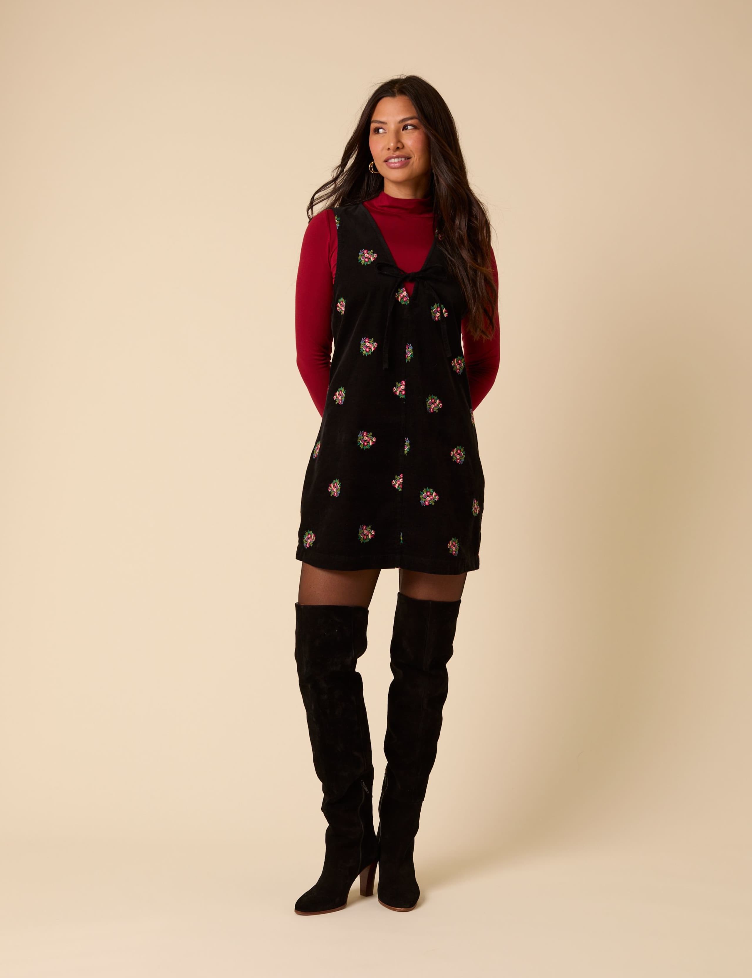 Pure Cotton Cord Floral Mini Pinafore Dress