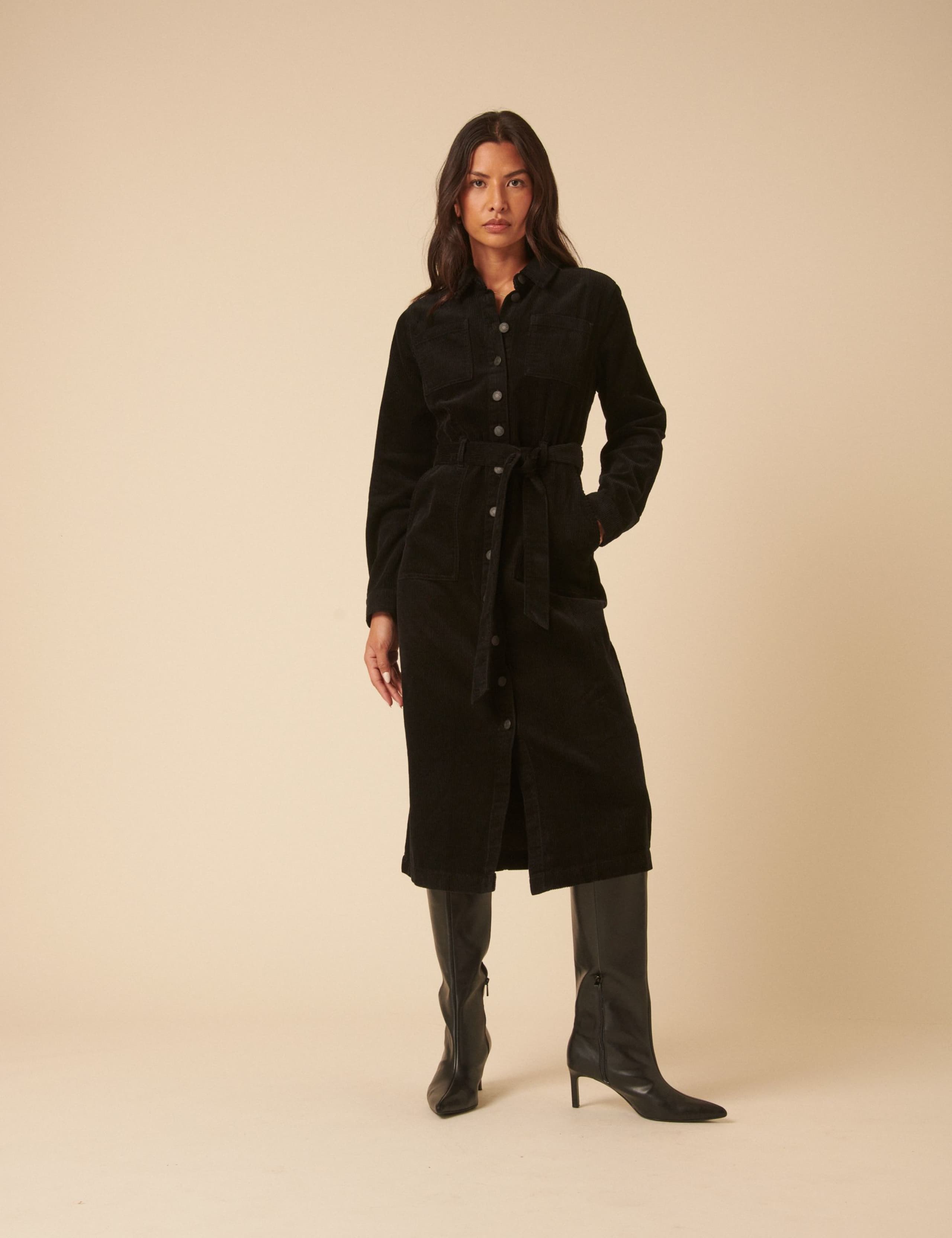 Pure Cotton Cord Belted Midi Shirt Dress