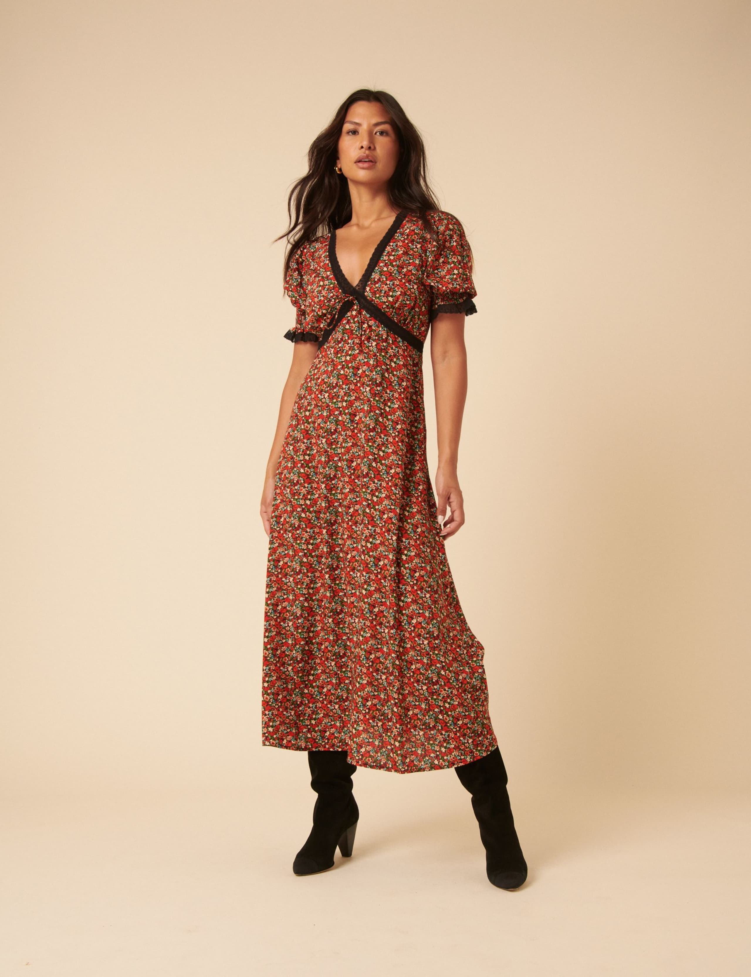Ditsy Floral Print Lace Midi Dress