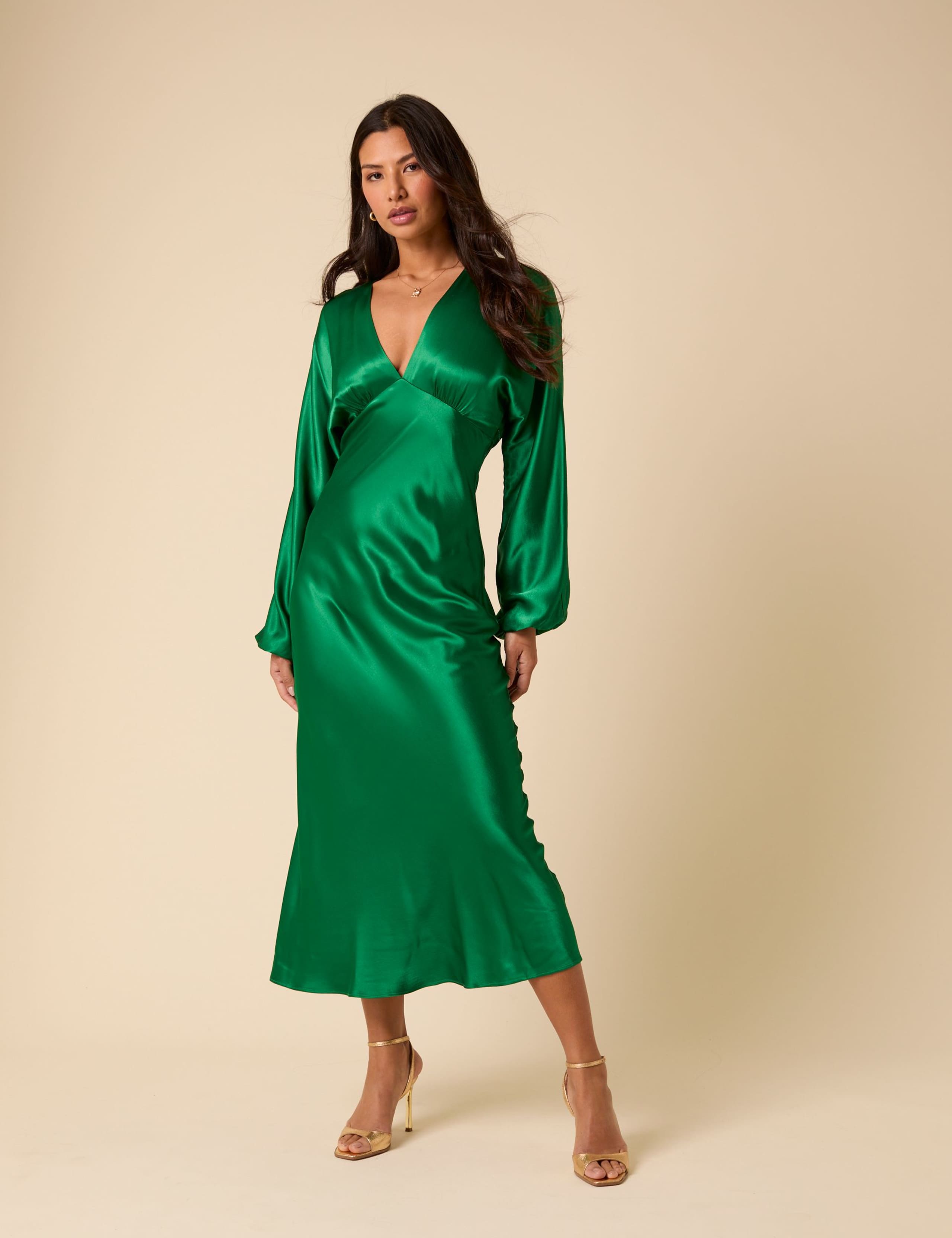 Satin Blouson Sleeve Midi Dress