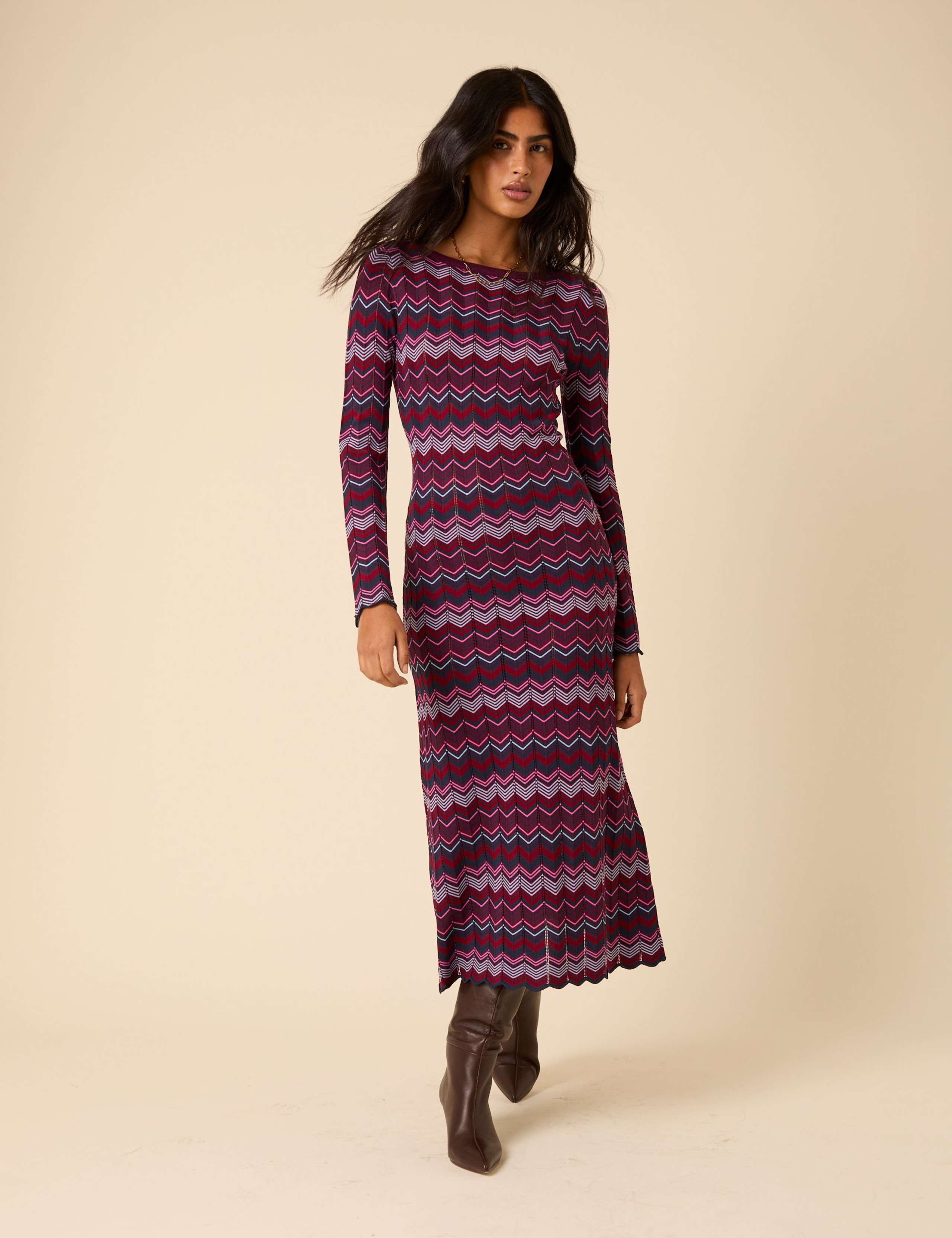 Chevron Stripe Slash Neck Midi Bodycon Dress