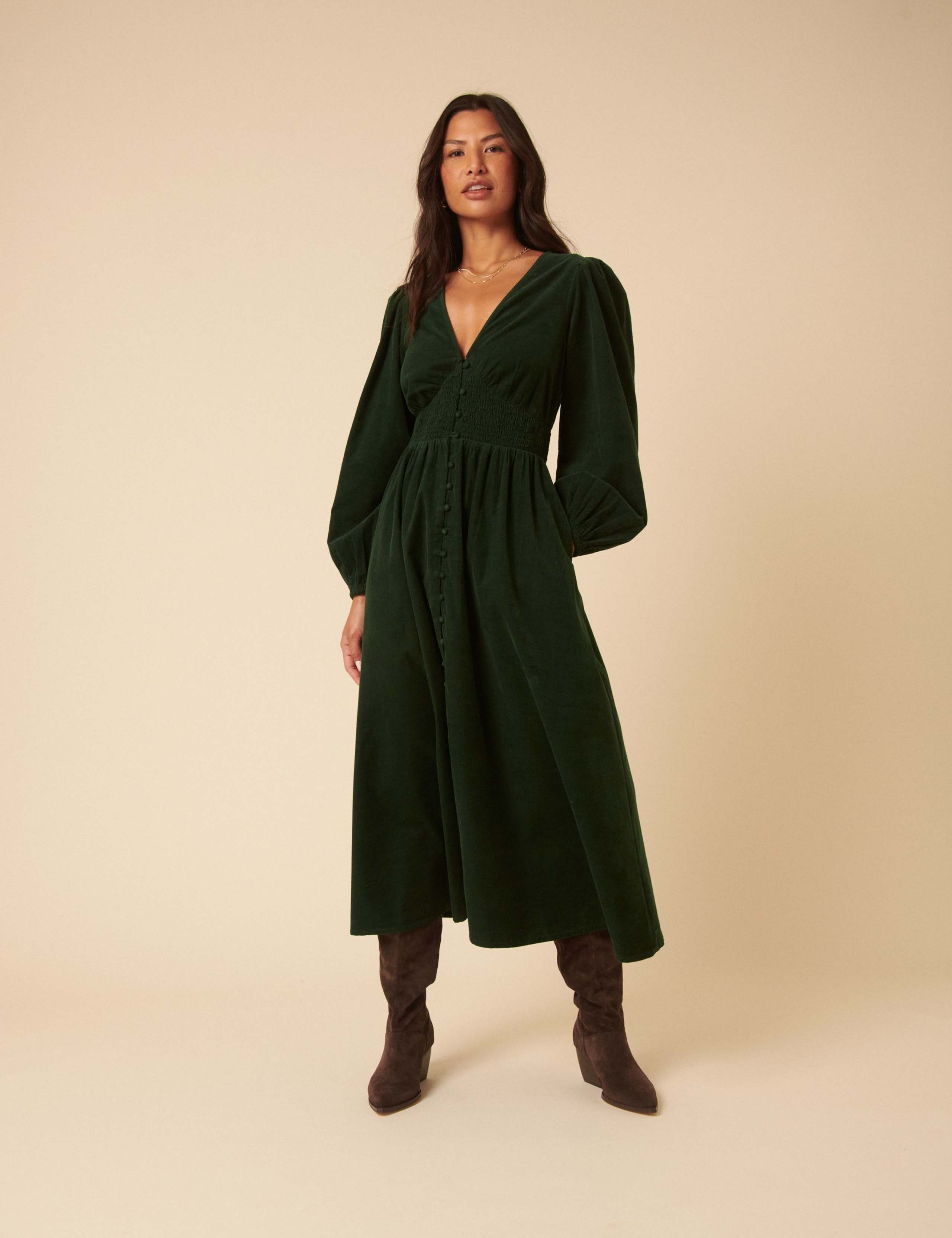Pure Cotton Cord Shirred Midi Waisted Dress