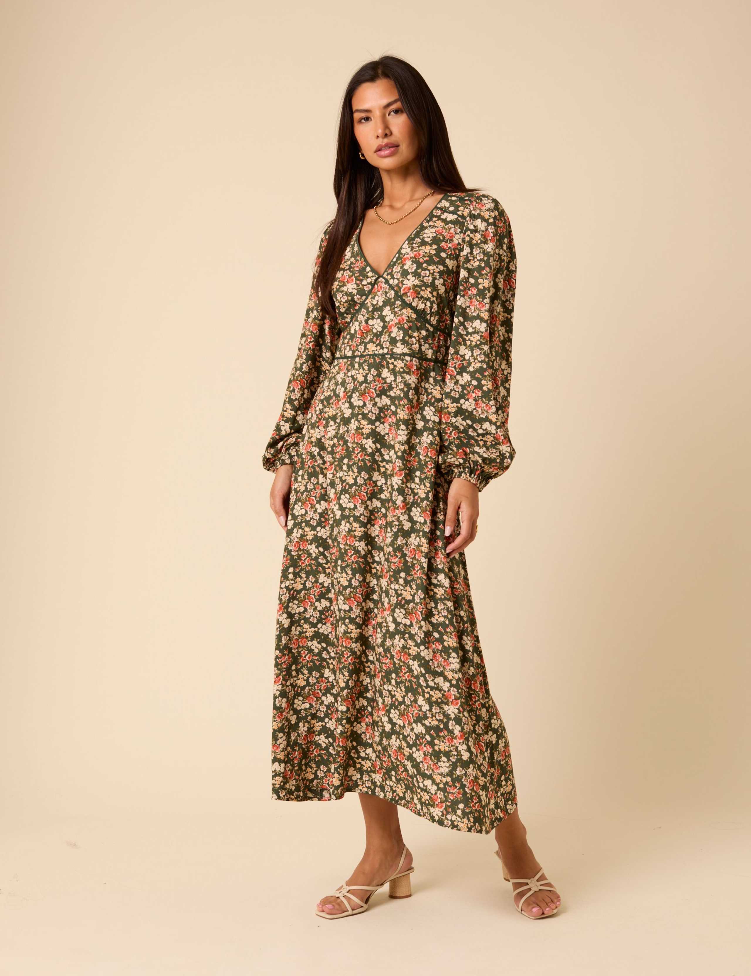 Floral Print Blouson Sleeve Midi Dress