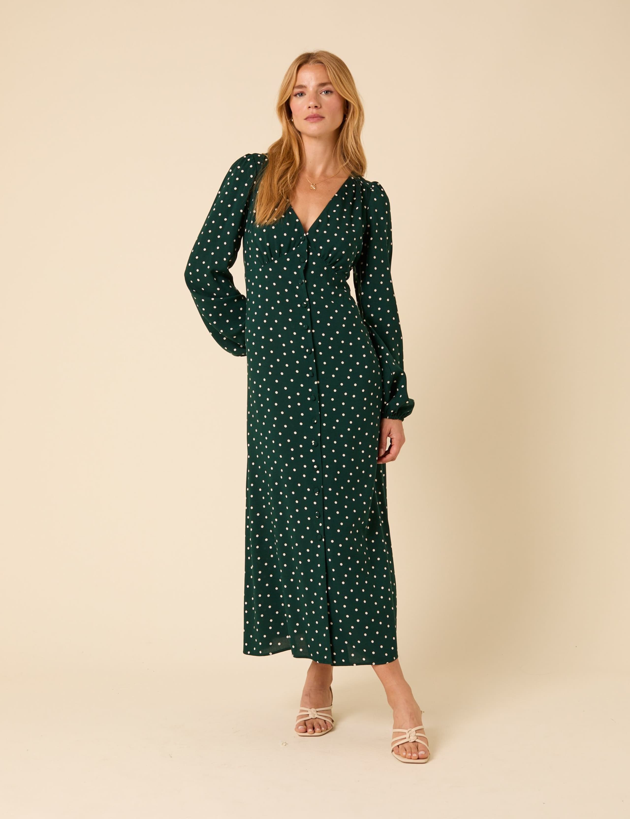 Polka Dot V-Neck Midi Tea Dress