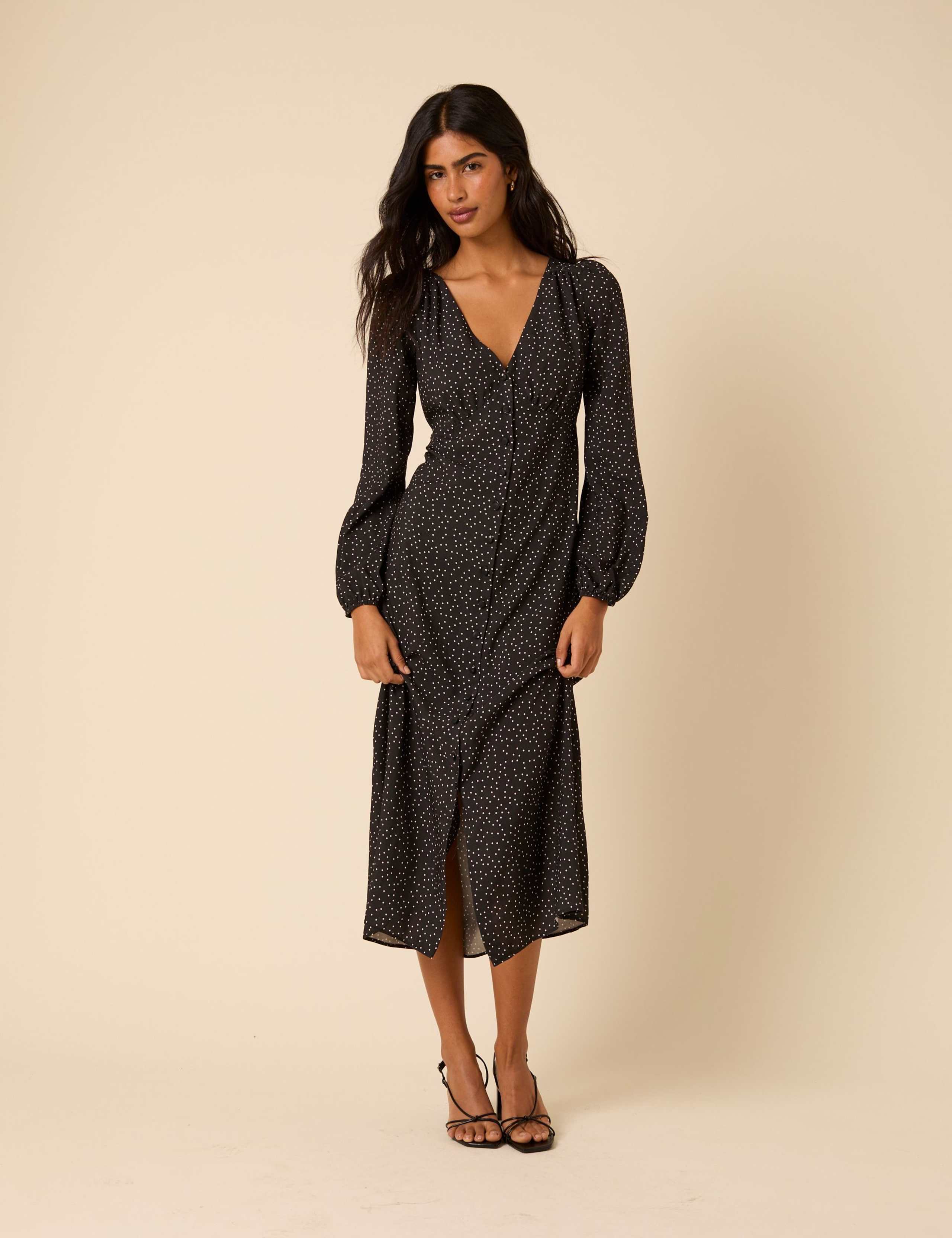 Polka Dot V-Neck Midi Tea Dress