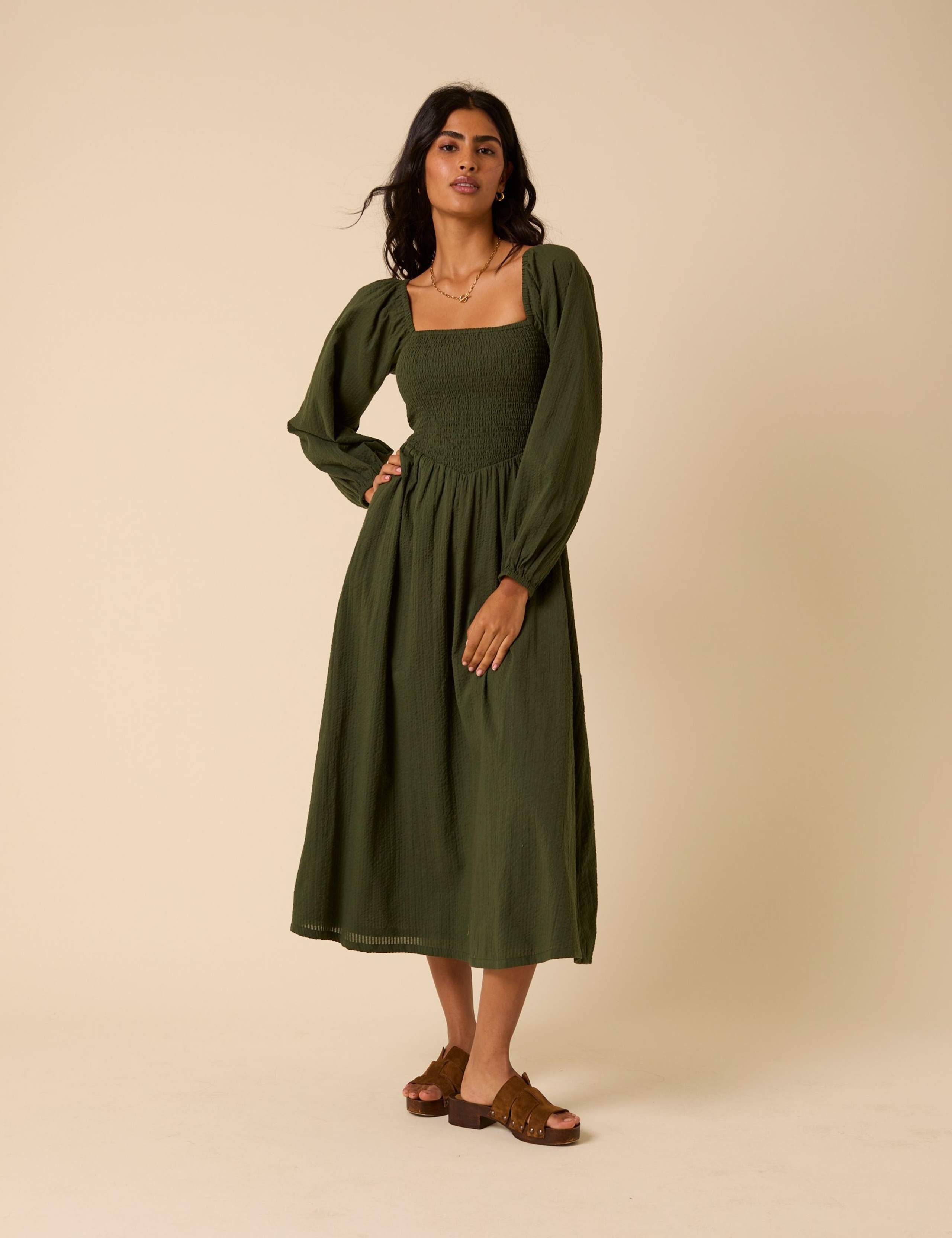 Pure Cotton Floral Midi Waisted Dress