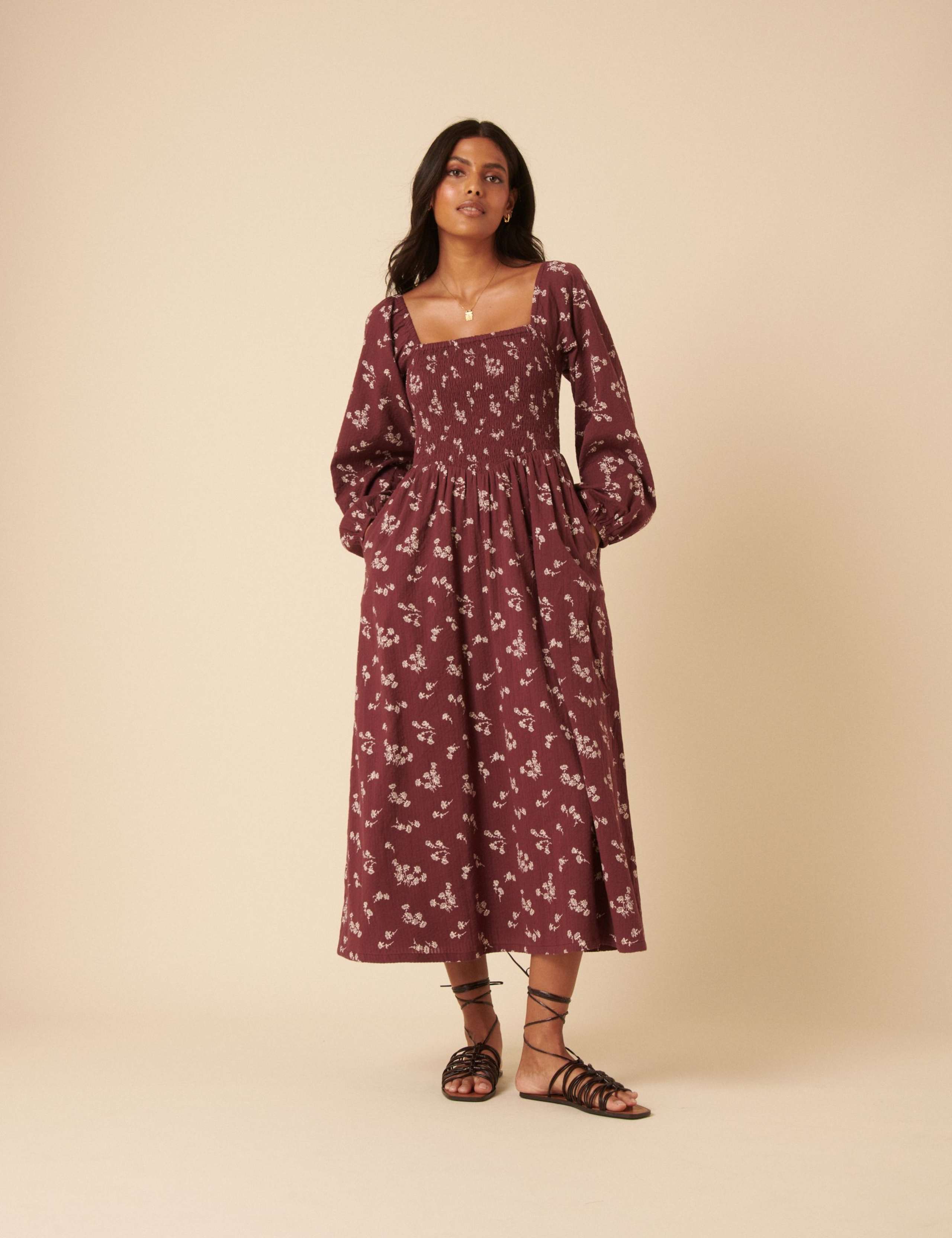 Pure Cotton Floral Midi Waisted Dress