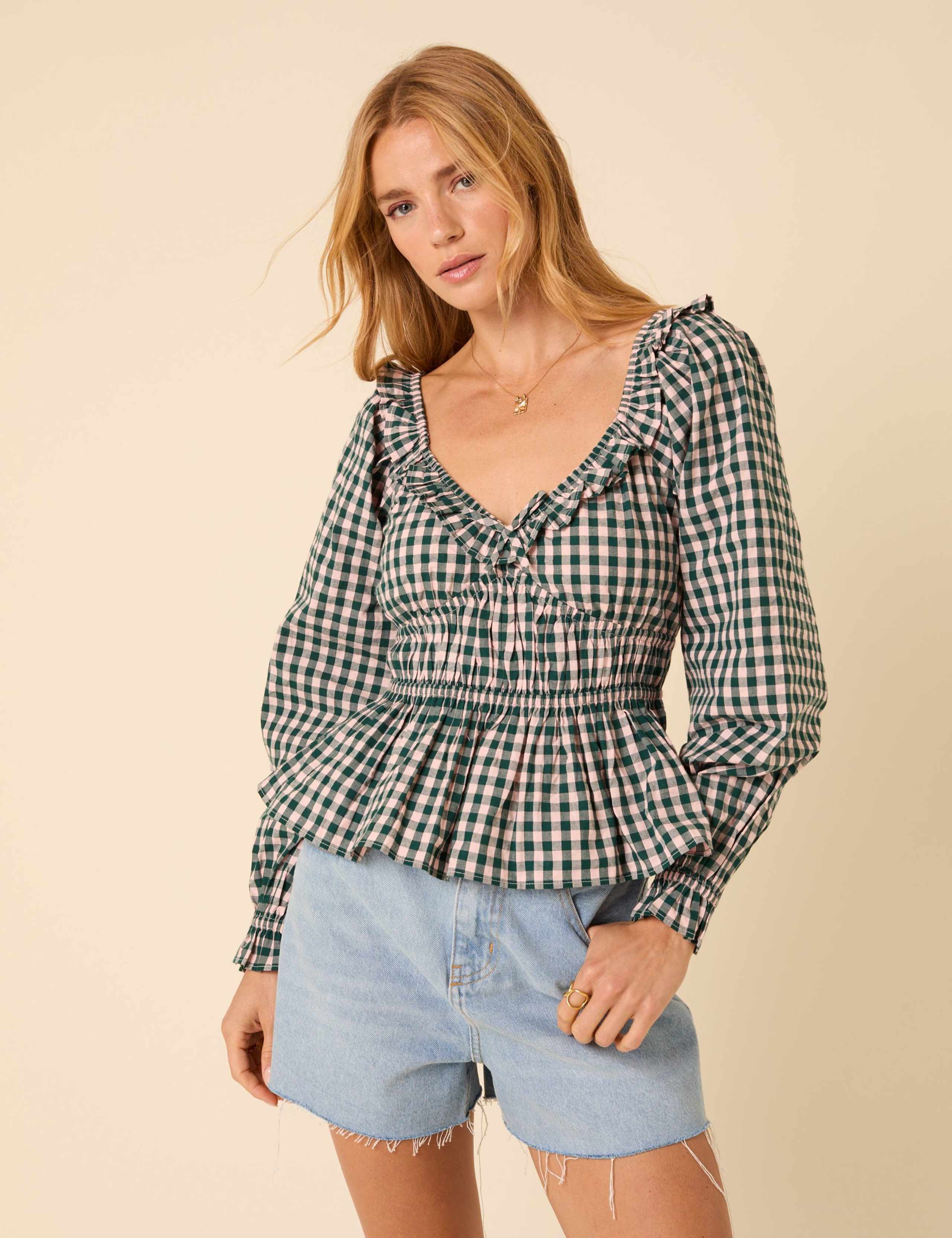 Pure Cotton Gingham Frill Neck Top