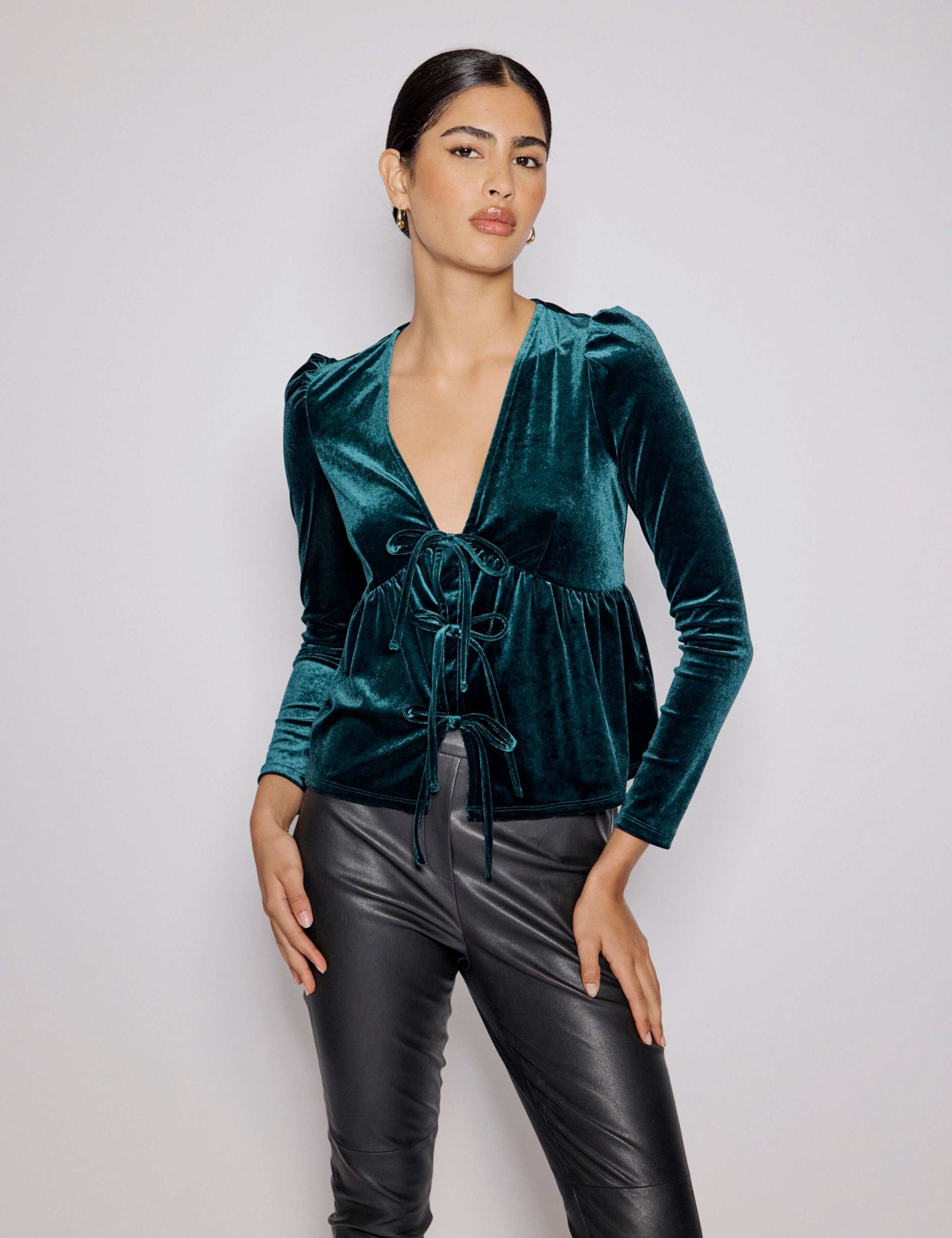 Velvet V-Neck Bow Top