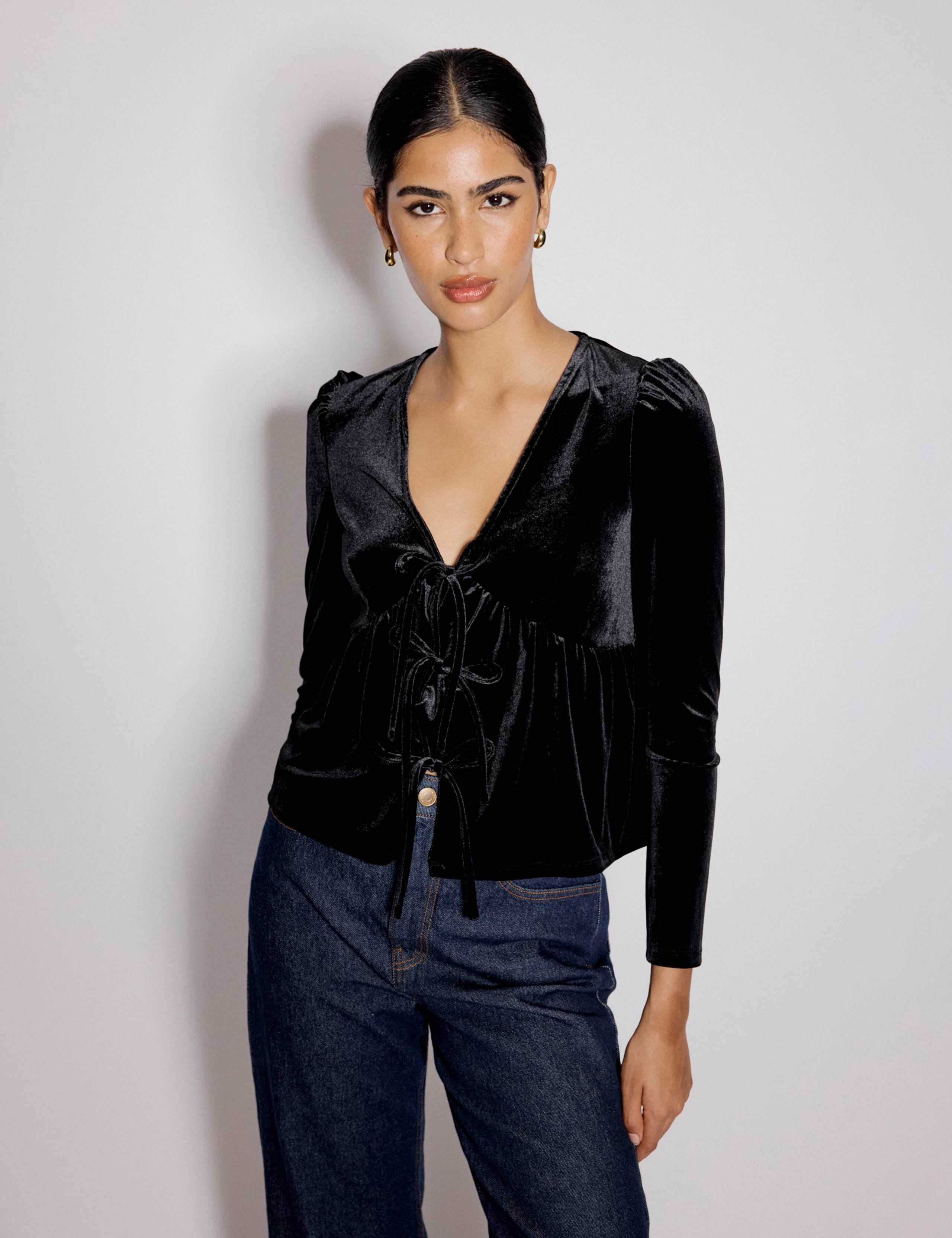 Velvet V-Neck Bow Top